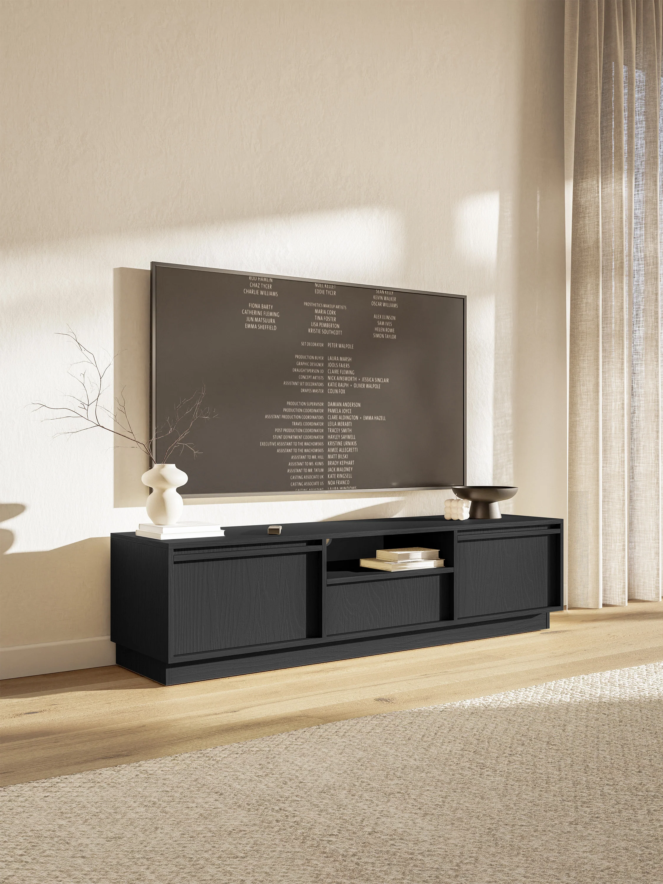 Szafka RTV dwudrzwiowa Evo z szufladą 154 cm czarna na cokole - Image 3