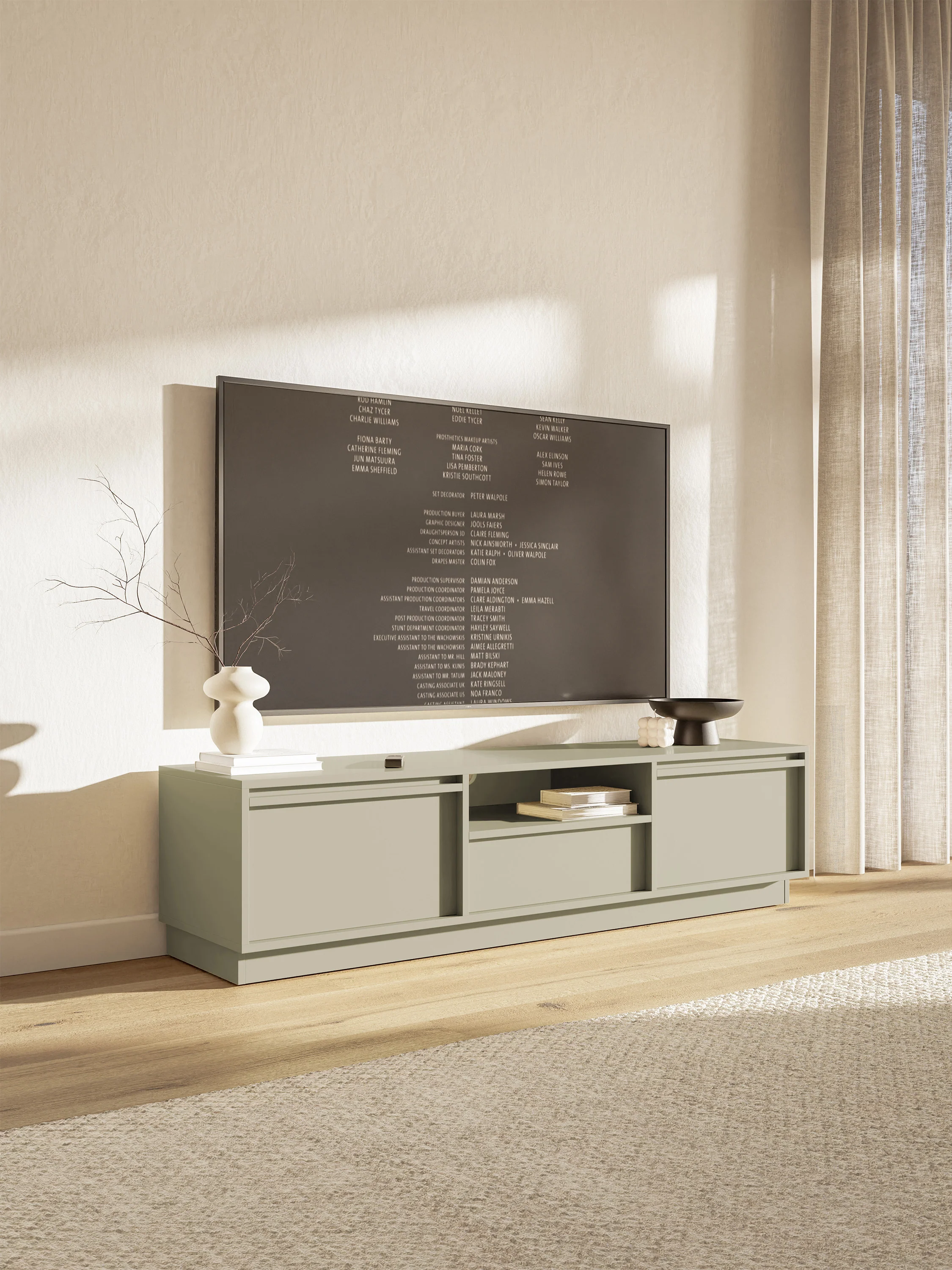 Szafka RTV dwudrzwiowa Evo z szufladą 154 cm kaszmir na cokole - Image 3