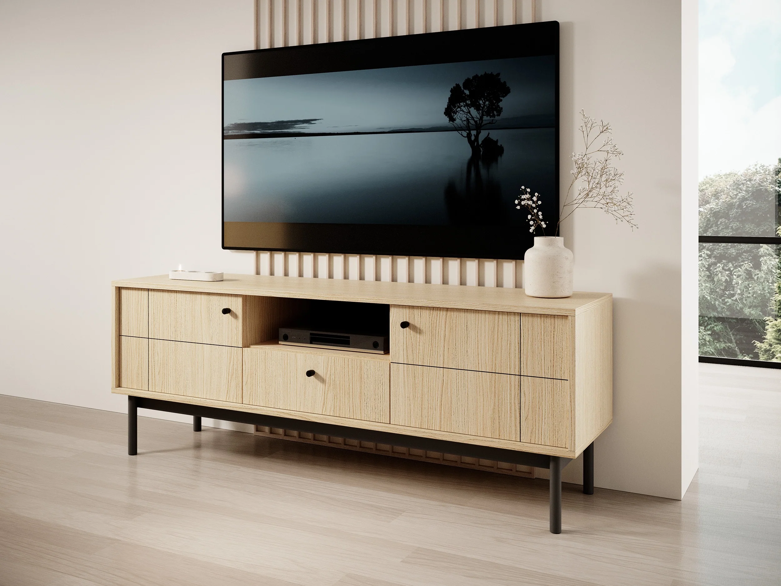 Szafka RTV dwudrzwiowa Japandies z szufladą i wnęką 153 cm Dąb linea - Image 2