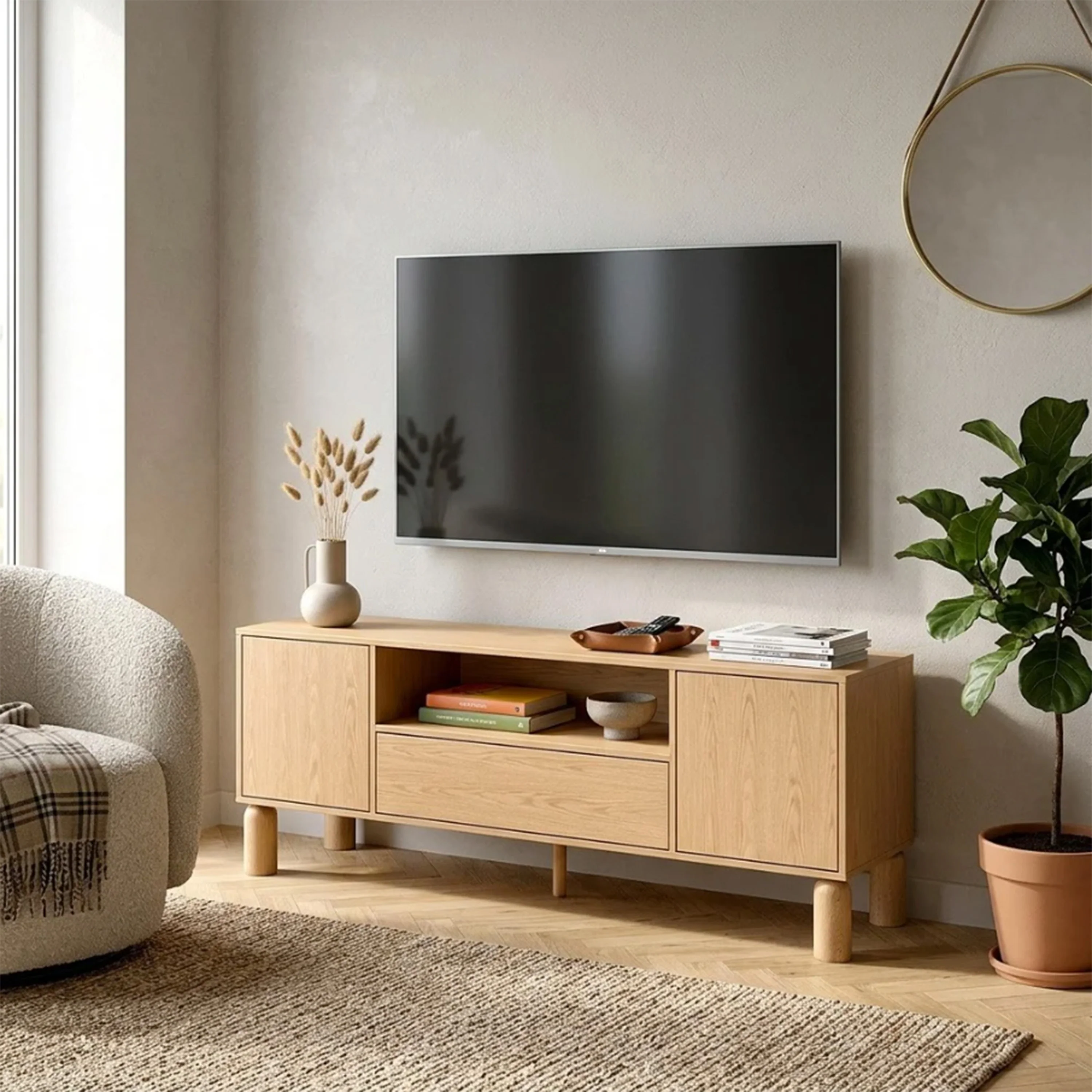 Szafka RTV dwudrzwiowa Sanden z szufladą i wnęką 160 cm dąb bookmatch - Image 4