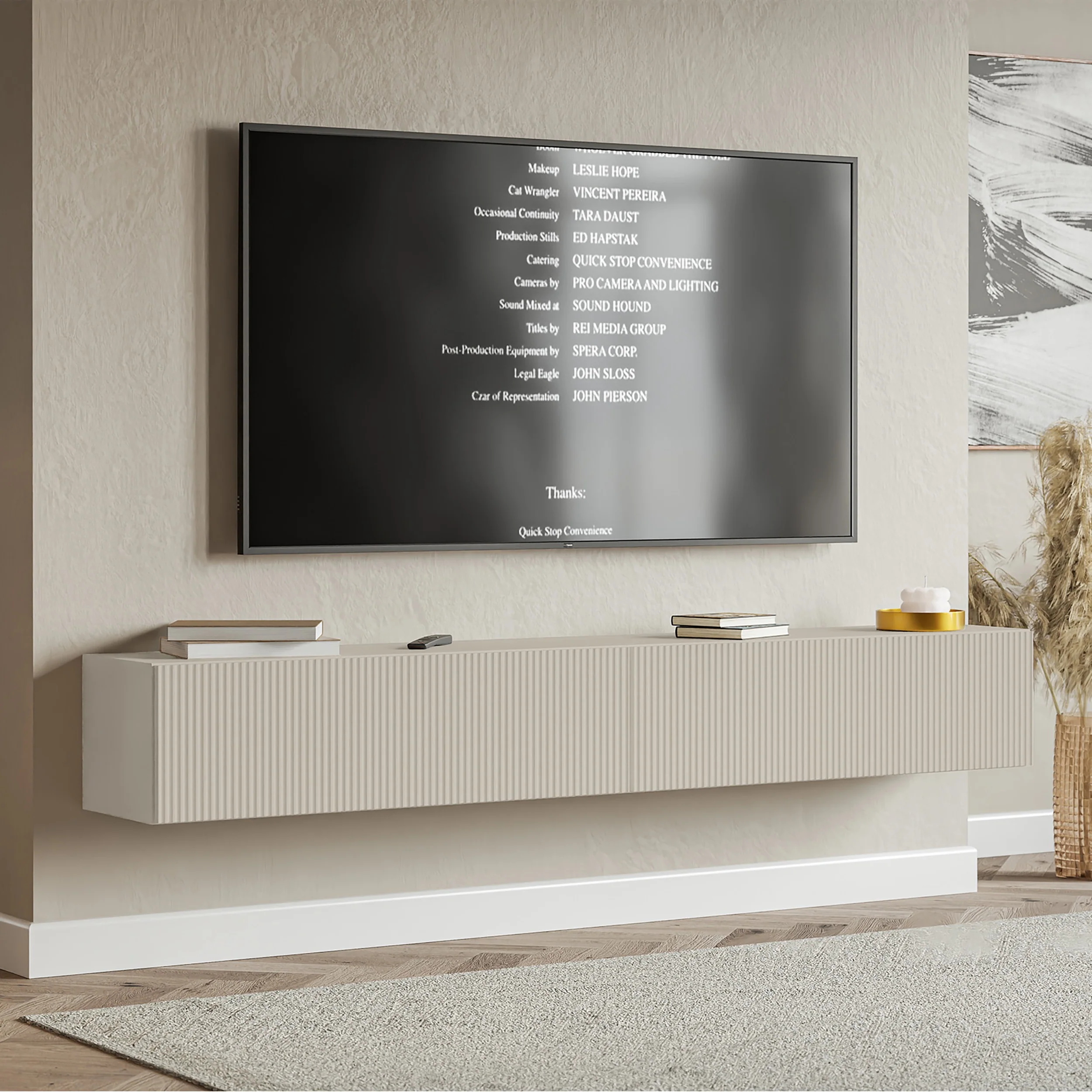 Szafka RTV dwudrzwiowa Veldio wisząca z ryflowanym frontem 200 cm szary beż - Image 2