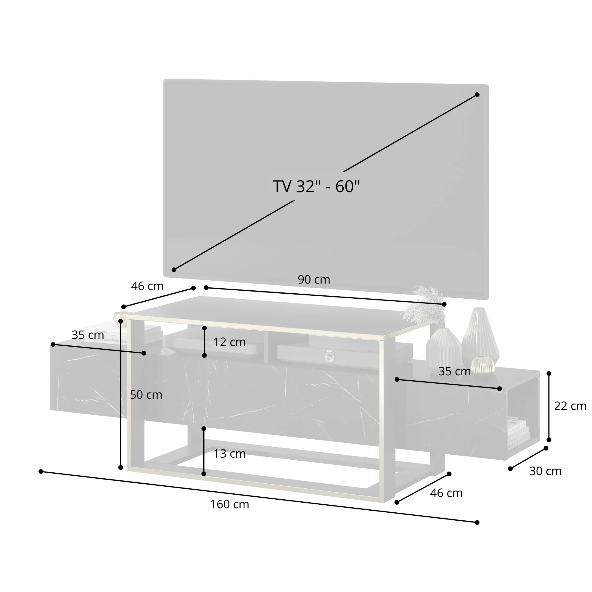 Szafka RTV Excelsum 160 cm czarny marmur z zamykaną półką - Image 8