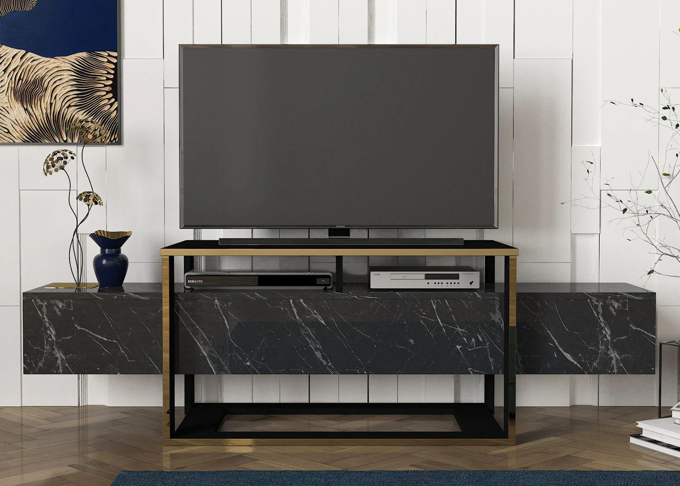 Szafka RTV Excelsum czarny/złoty 160 cm - Image 4