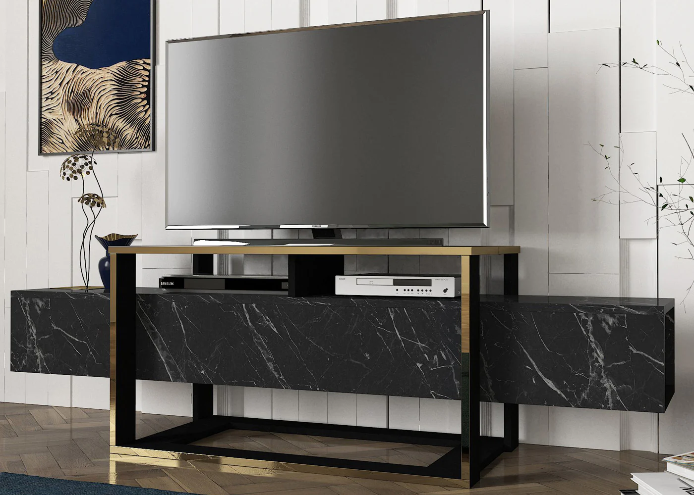 Szafka RTV Excelsum czarny/złoty 160 cm - Image 5