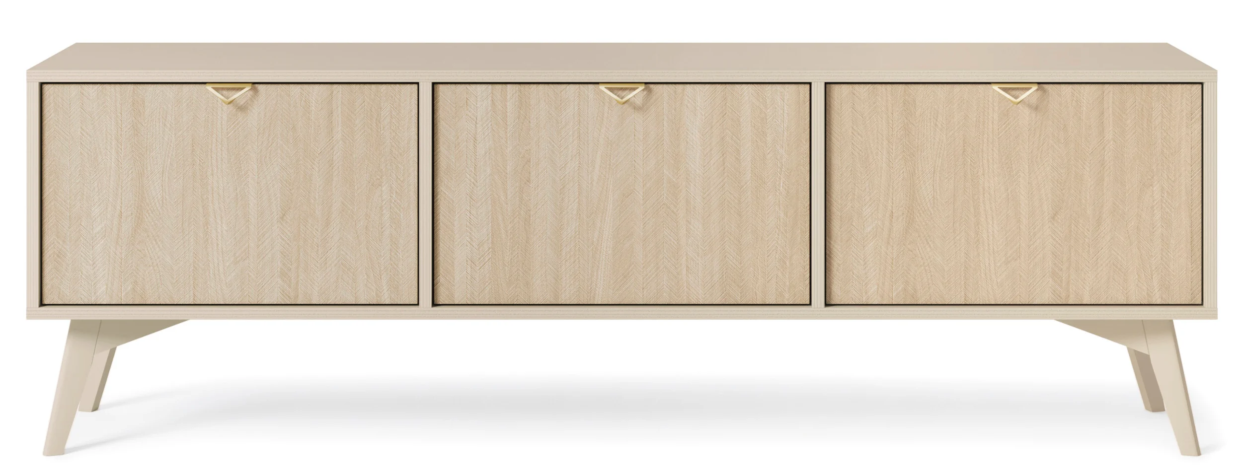 Szafka RTV Favoria 158 cm beżowa/jodełka scandi ze złotymi uchwytami - Image 4