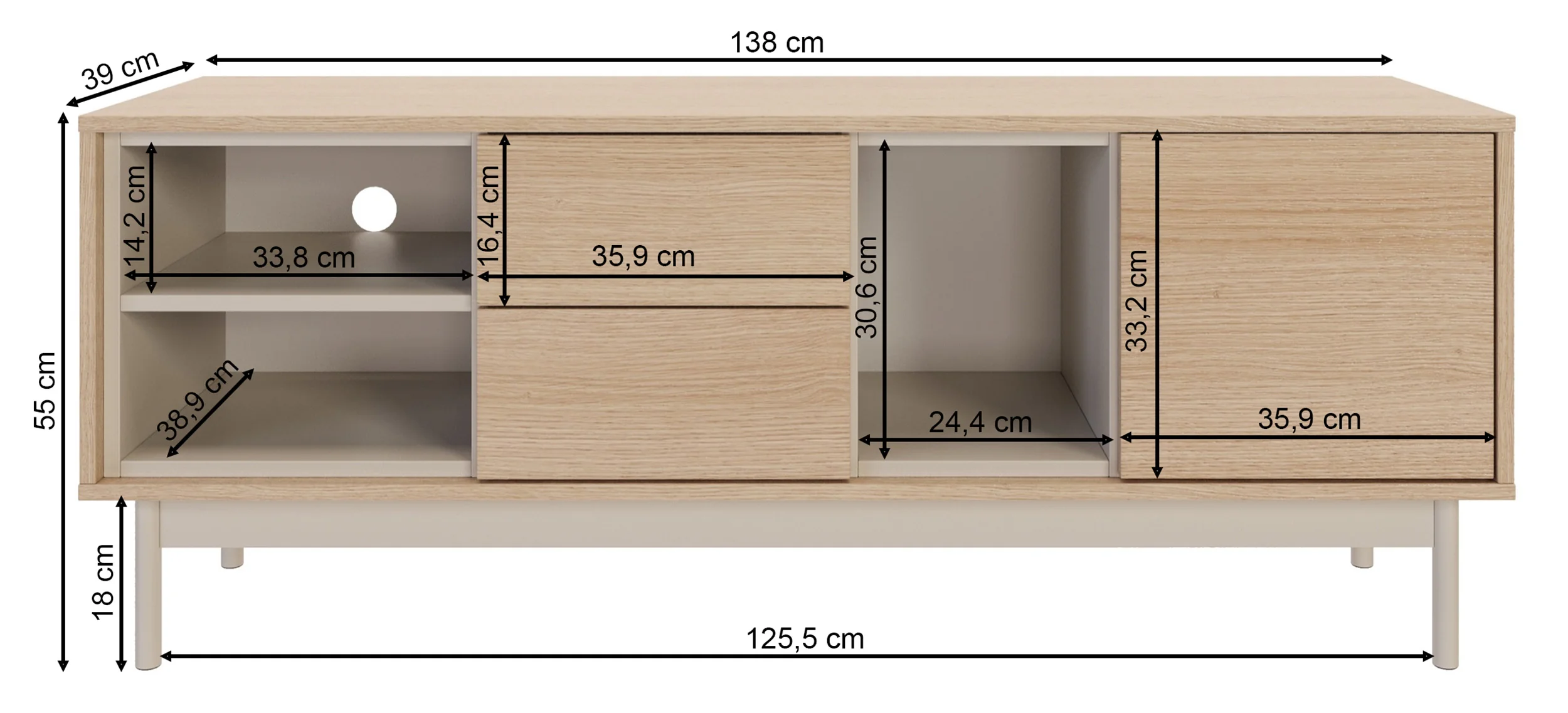 Szafka RTV jednodrzwiowa Layen z dwiema szufladami i trzema wnękami 138 cm dąb lindberg/kaszmir - Image 12