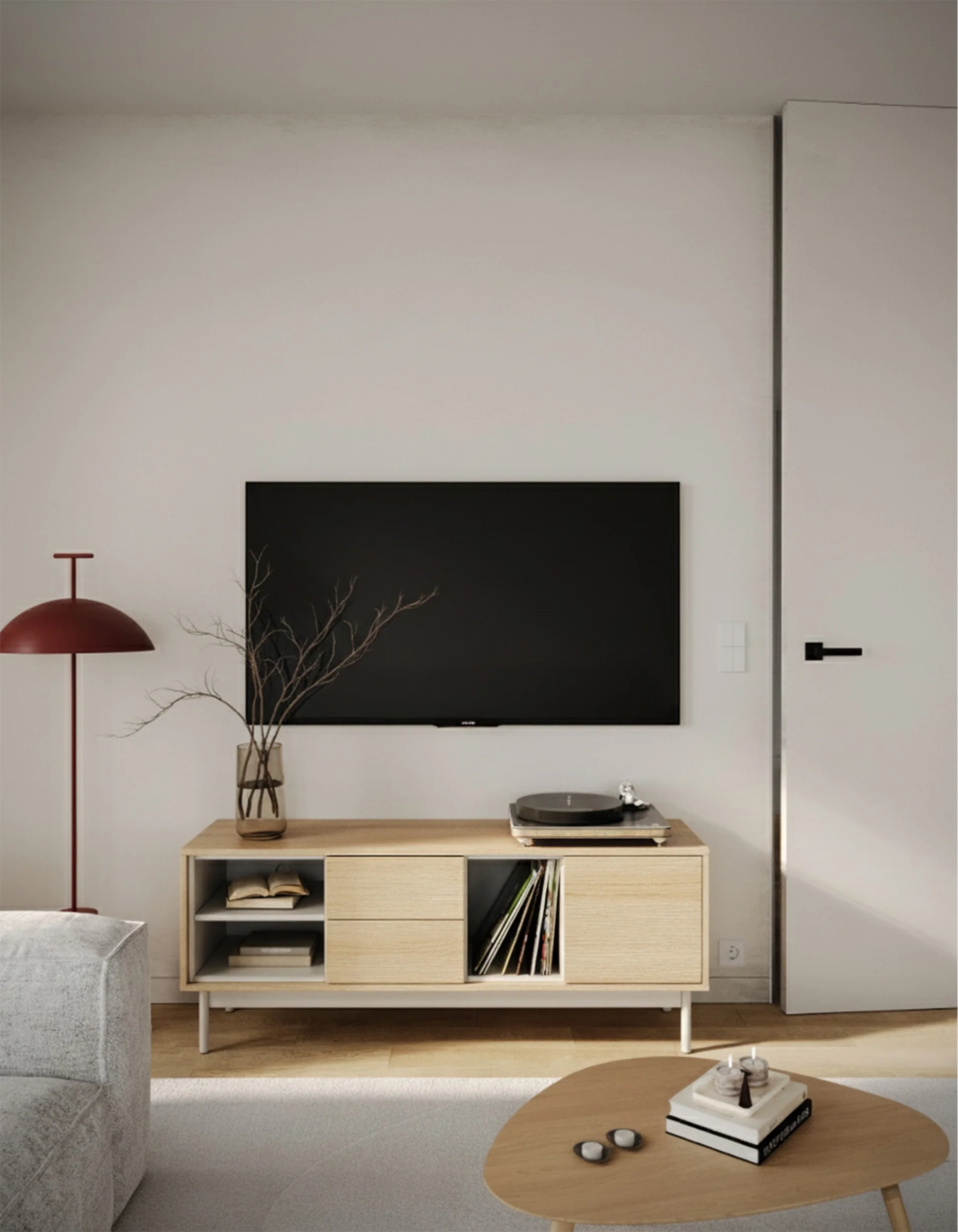 Szafka RTV jednodrzwiowa Layen z dwiema szufladami i trzema wnękami 138 cm dąb lindberg/kaszmir - Image 4