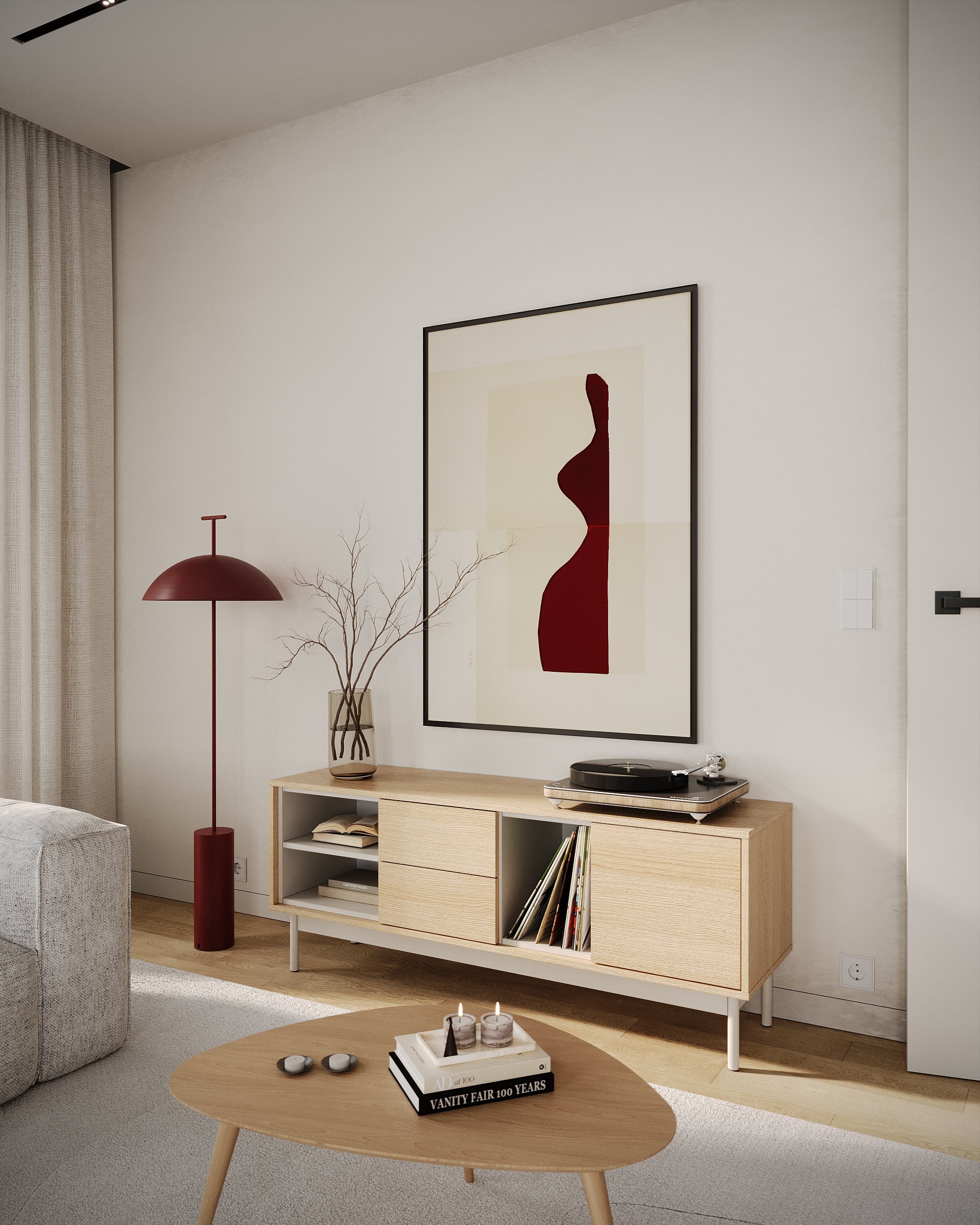 Szafka RTV jednodrzwiowa Layen z dwiema szufladami i trzema wnękami 138 cm dąb lindberg/kaszmir - Image 6