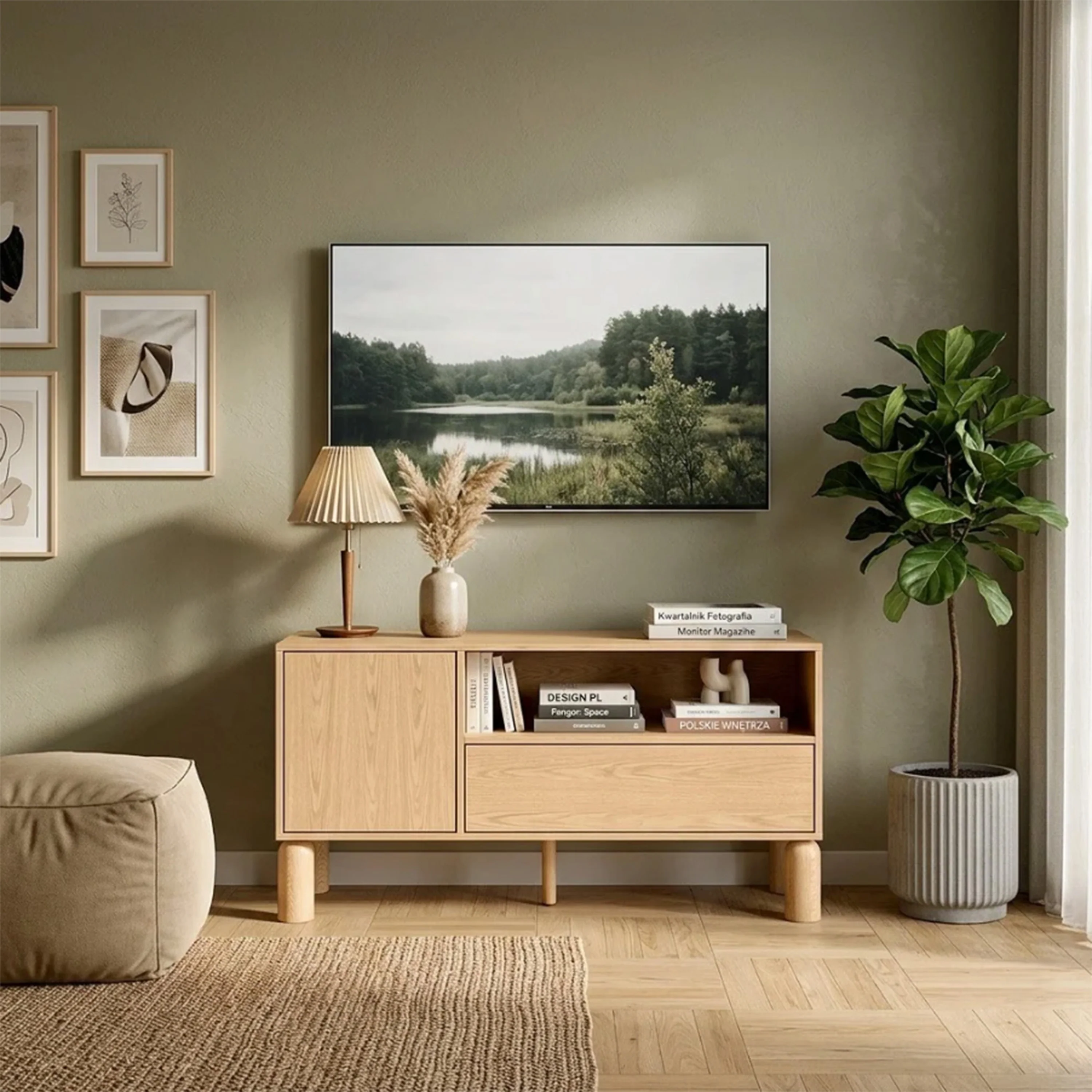 Szafka RTV jednodrzwiowa Sanden z szufladą i wnęką 120 cm dąb bookmatch - Image 2