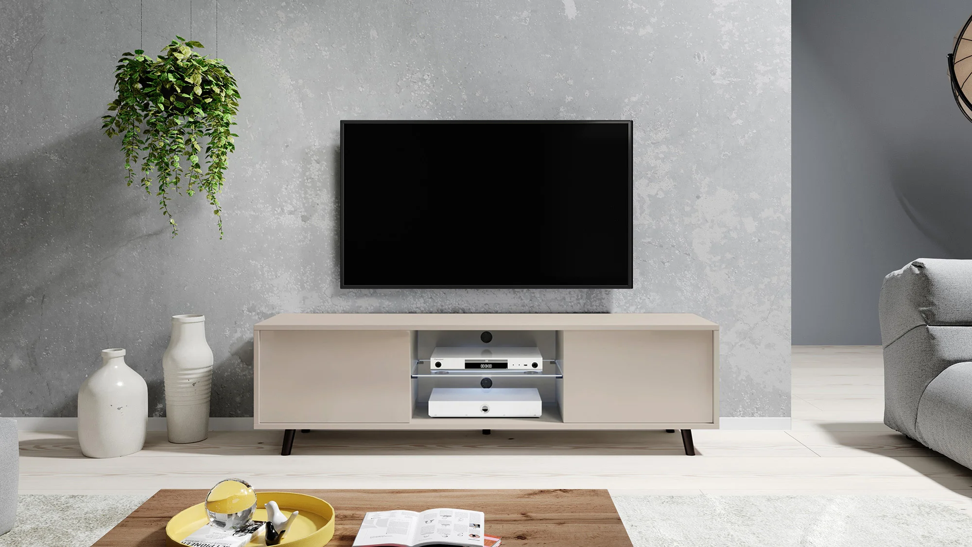 Szafka RTV Lefyr 140 cm Szary beż - Image 5