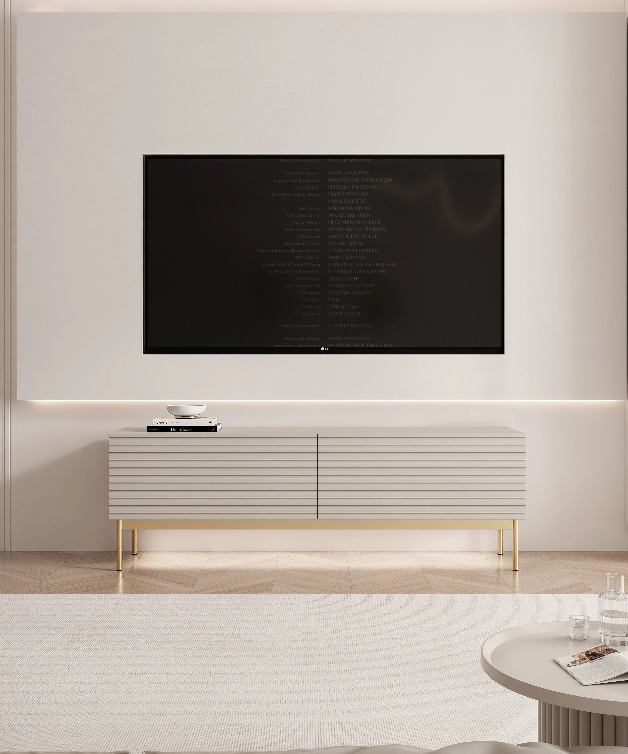 Szafka RTV Linearis z dwoma uchylnymi schowkami i oświetleniem LED 139 cm kaszmir na złotych nóżkach - Image 4