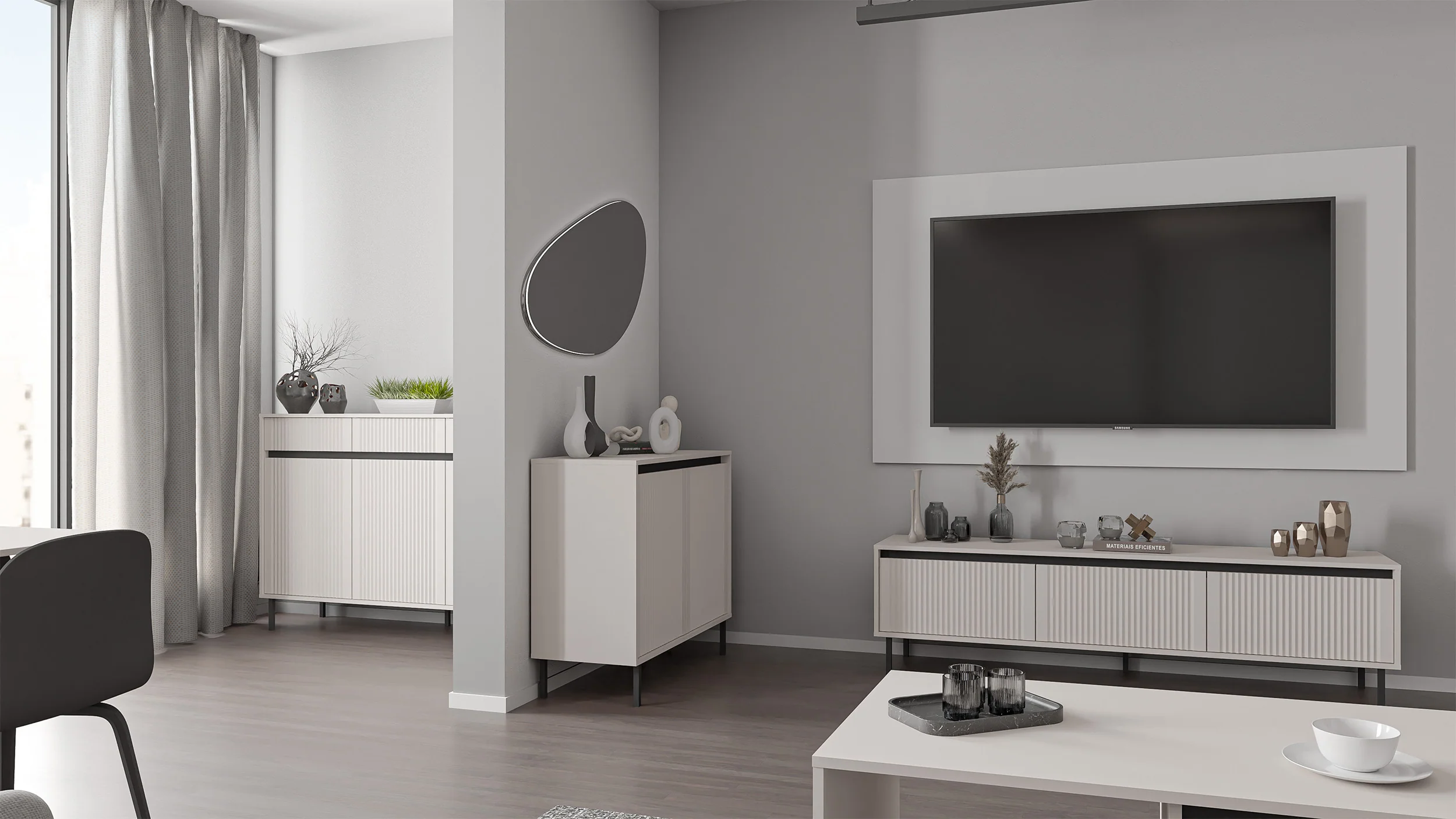 Szafka RTV Osaka z trzema szufladami i ryflowanymi frontami 179 cm beż piaskowy na czarnych nogach - Image 2