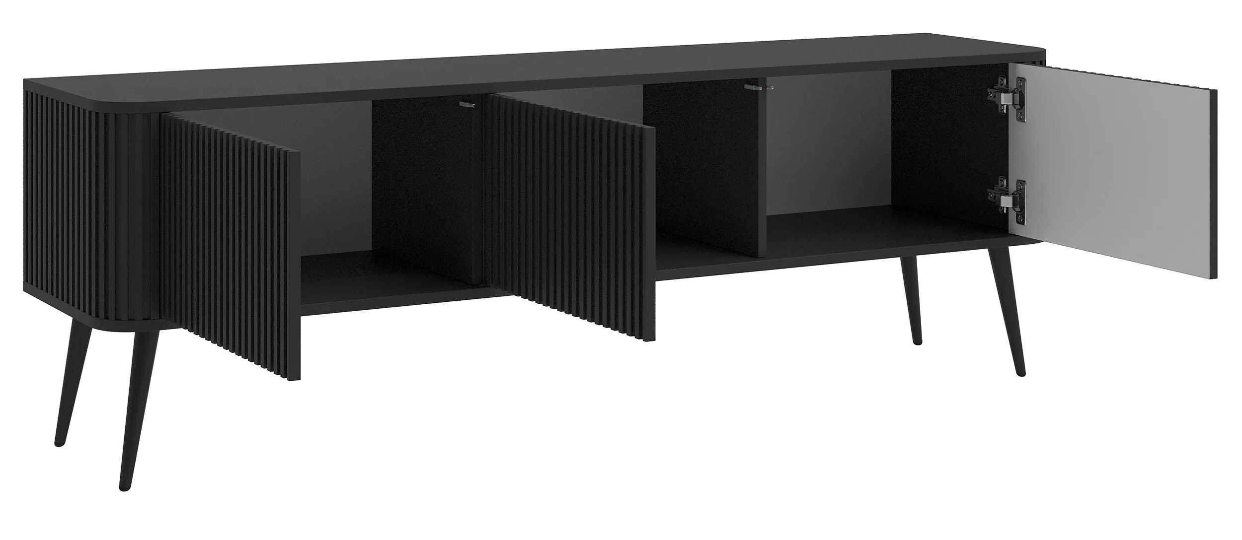 Szafka RTV Ovarlo z ryflami trzydrzwiowa 163 cm czarna z czarnymi nogami - Image 6