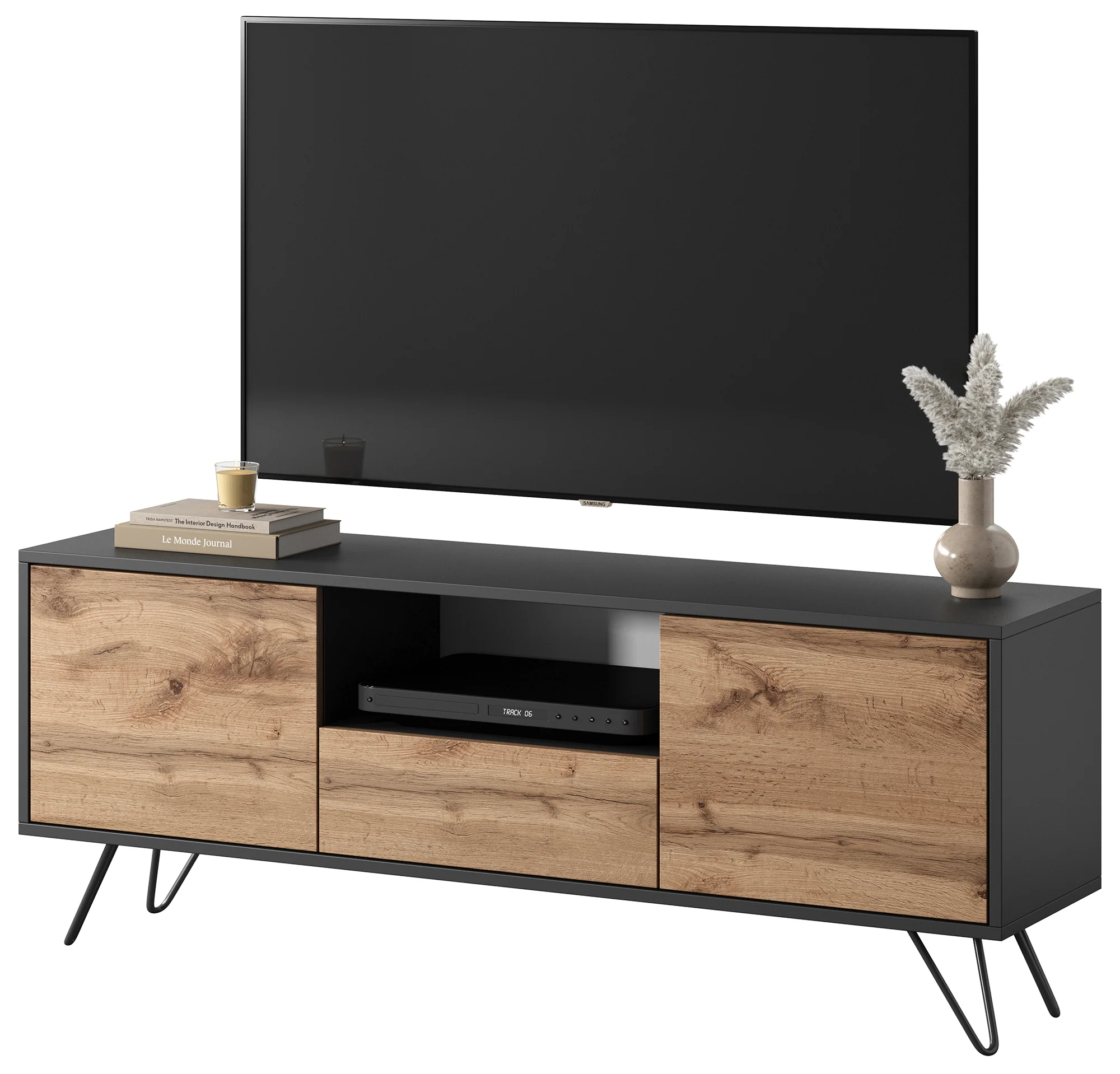Szafka RTV Ploystea 137 cm Czarny / dąb wotan z oświetleniem - Image 3