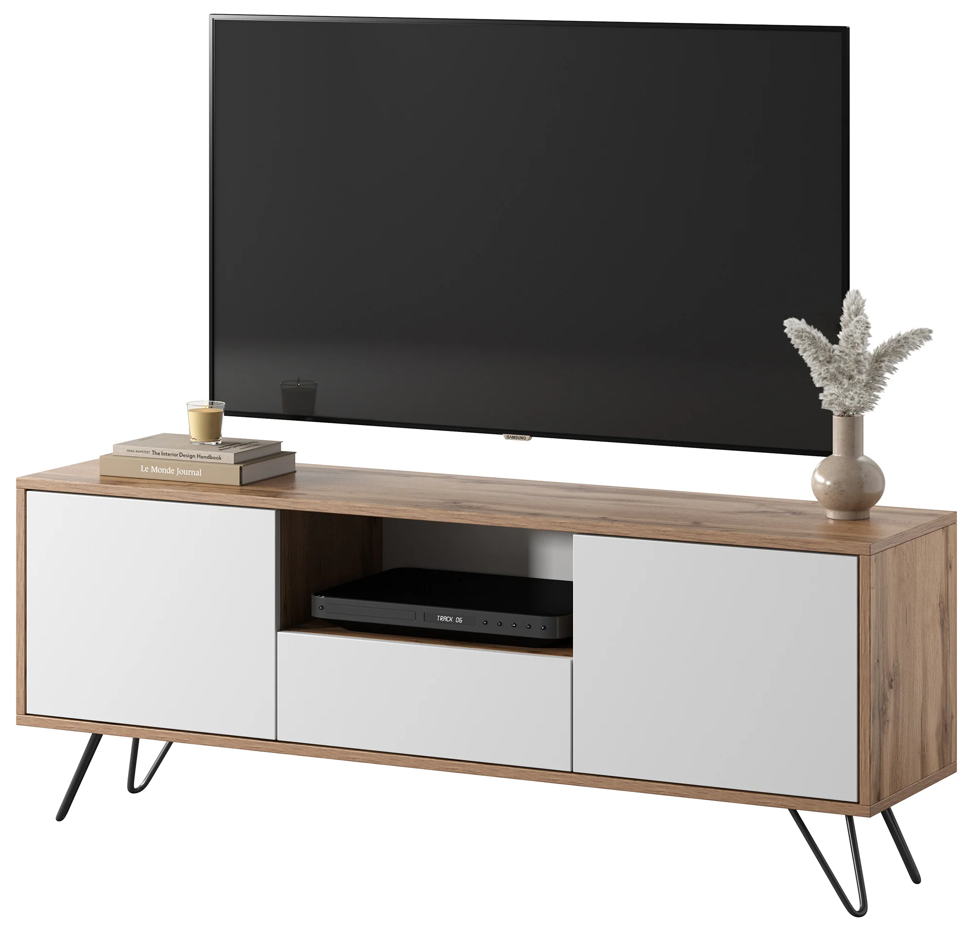 Szafka RTV Ploystea 137 cm Dąb Wotan / Biały z oświetleniem - Image 3