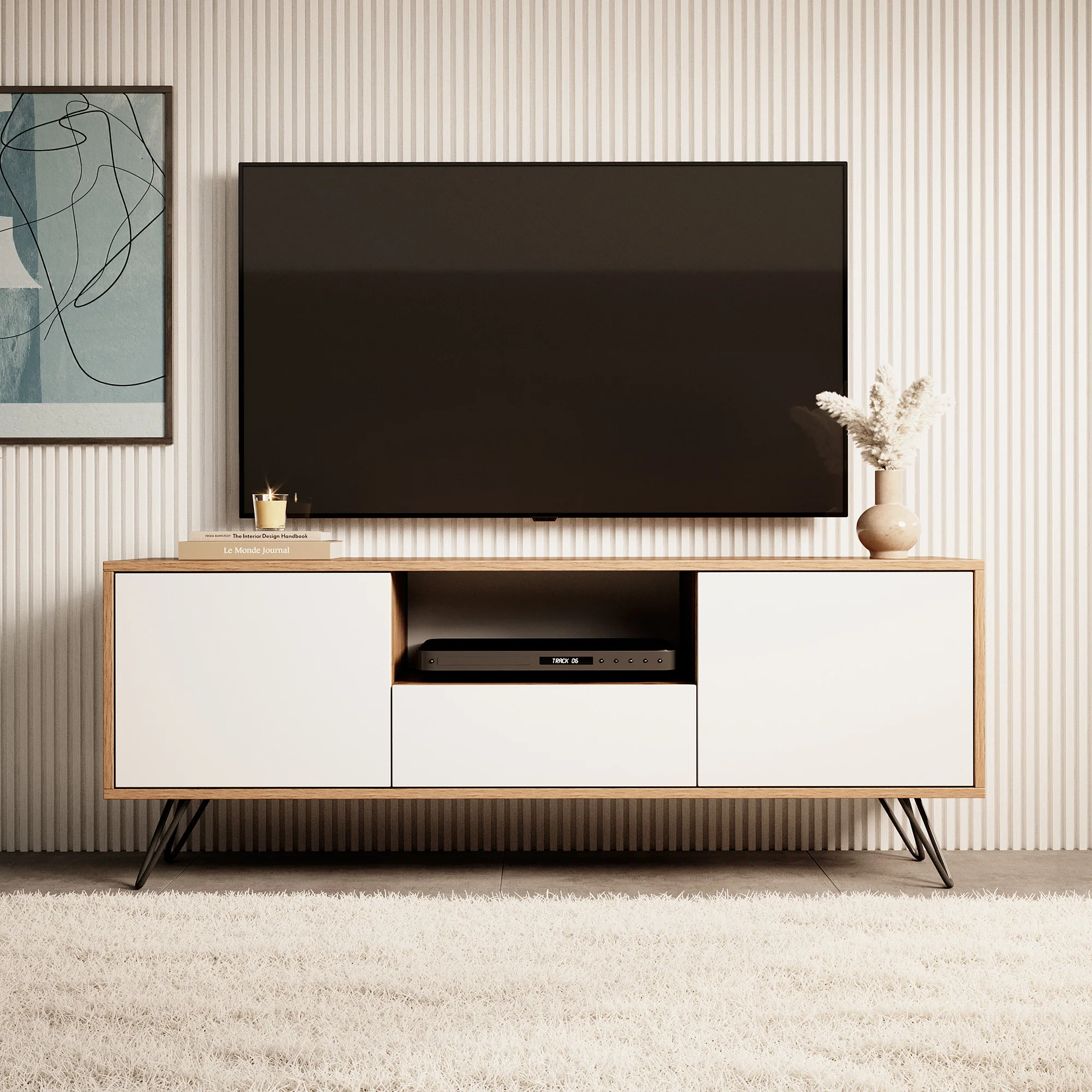 Szafka RTV Ploystea 137 cm Dąb Wotan / Biały z oświetleniem - Image 6