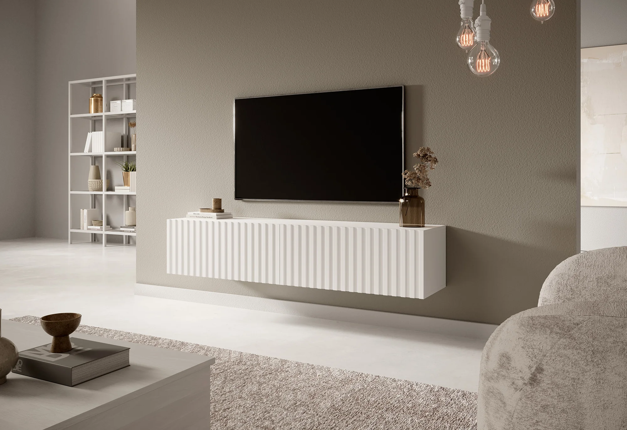 Szafka RTV Telire 138,6 cm Biały z lamelowym frontem - Image 3