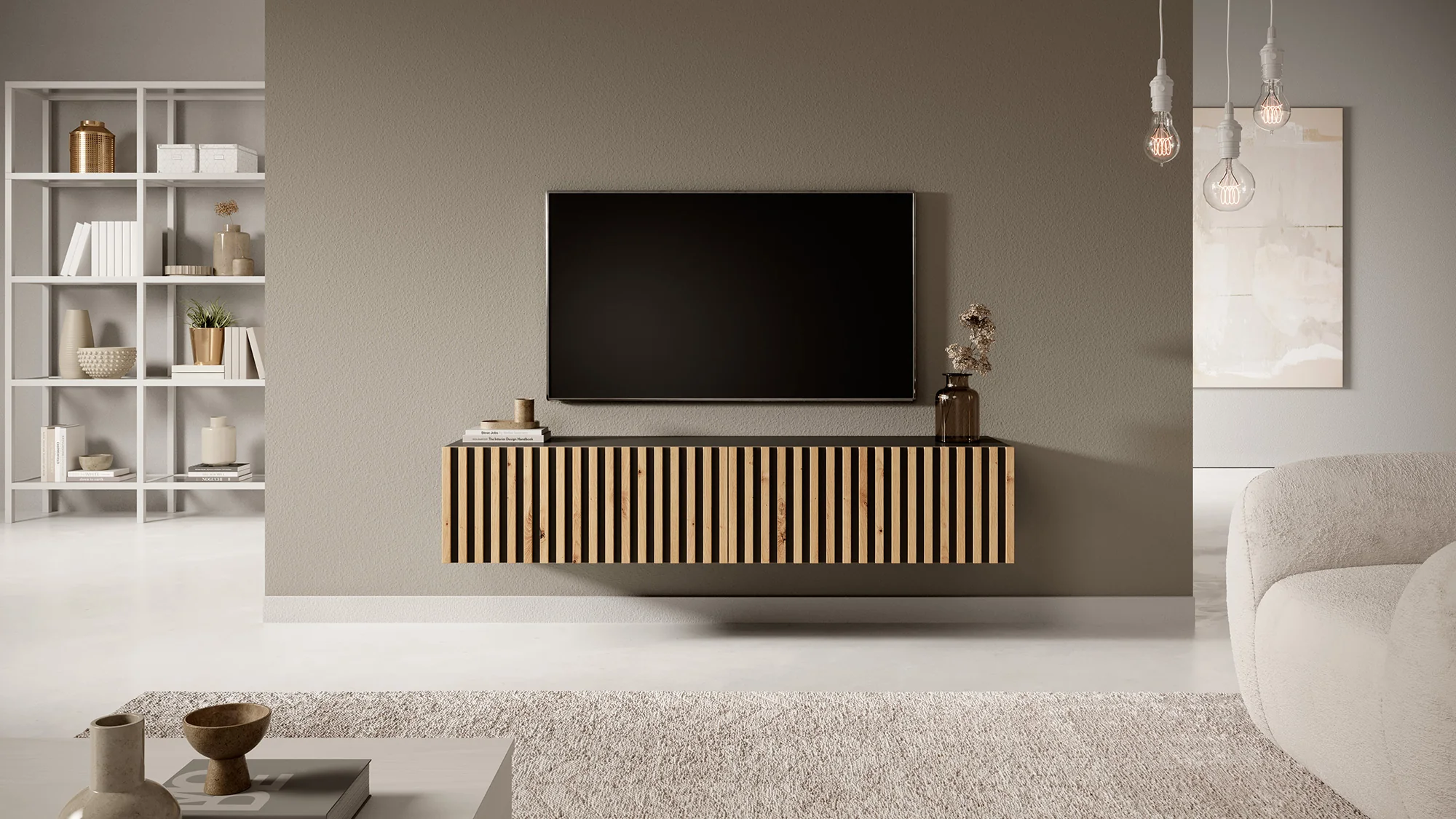 Szafka RTV Telire 138,6 cm czarna z lamelowym frontem dąb artisan - Image 2