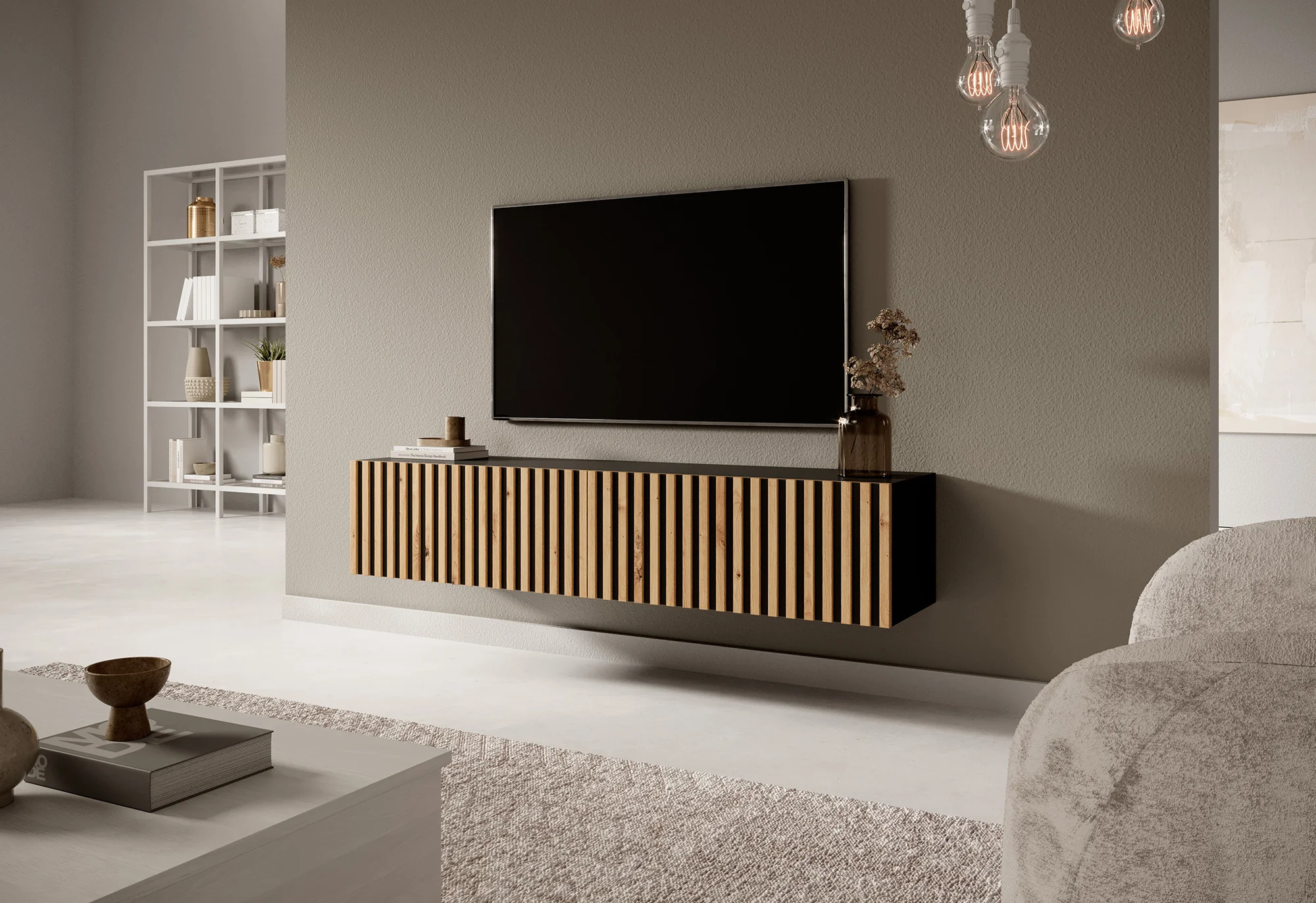 Szafka RTV Telire 138,6 cm czarna z lamelowym frontem dąb artisan - Image 3
