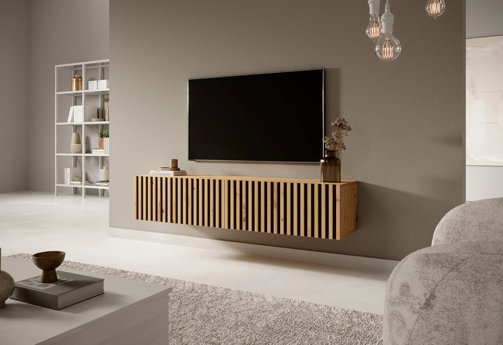 Szafka RTV Telire 138,6 cm dąb artisan z lamelowym frontem i czarnymi wstawkami - Image 2