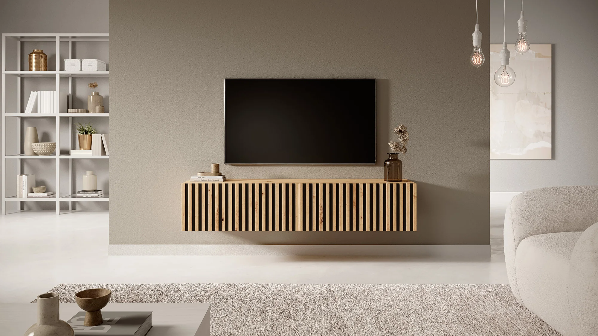 Szafka RTV Telire 138,6 cm dąb artisan z lamelowym frontem i czarnymi wstawkami - Image 3