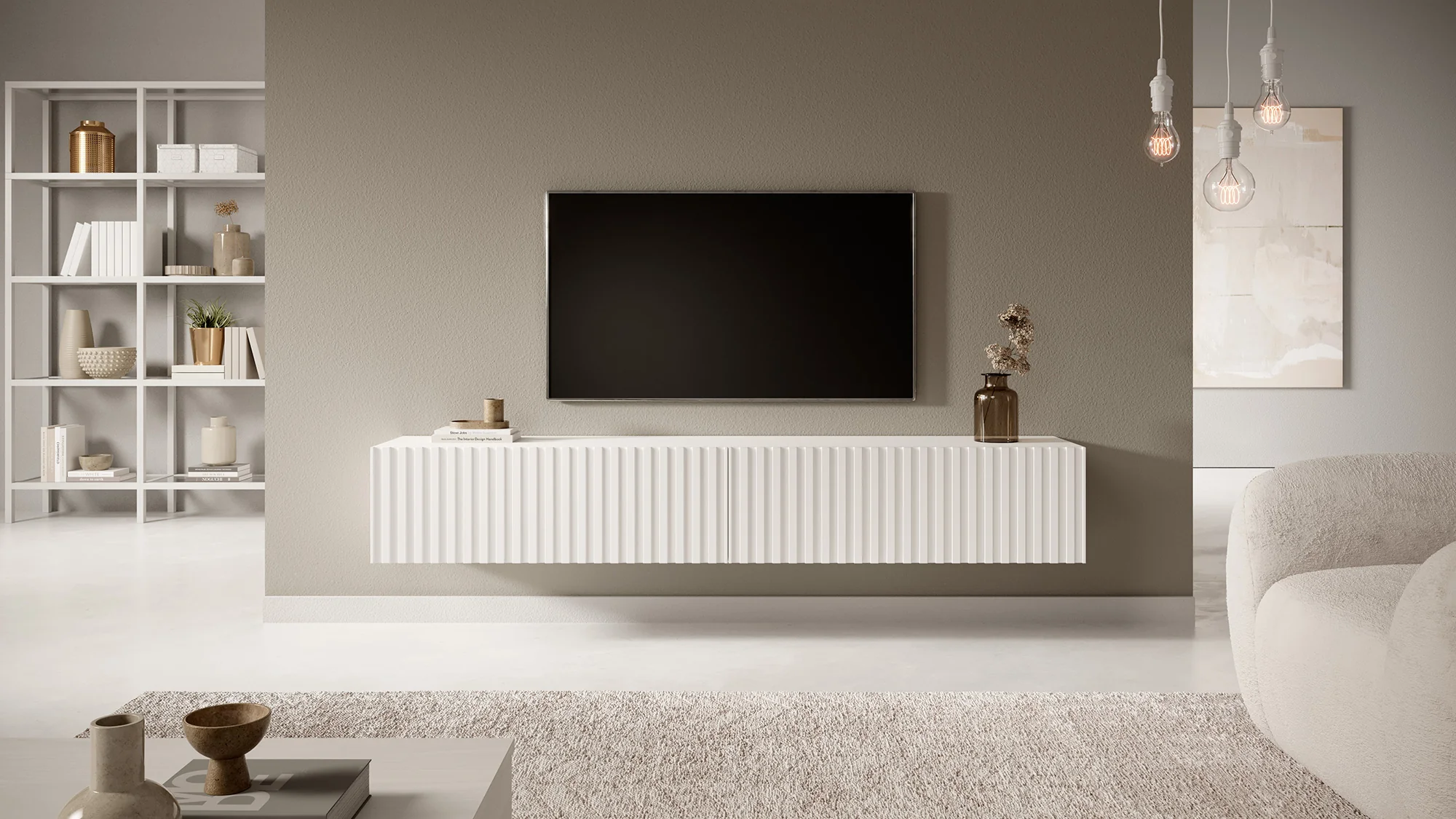 Szafka RTV Telire 175 cm Biały z lamelowym frontem - Image 6