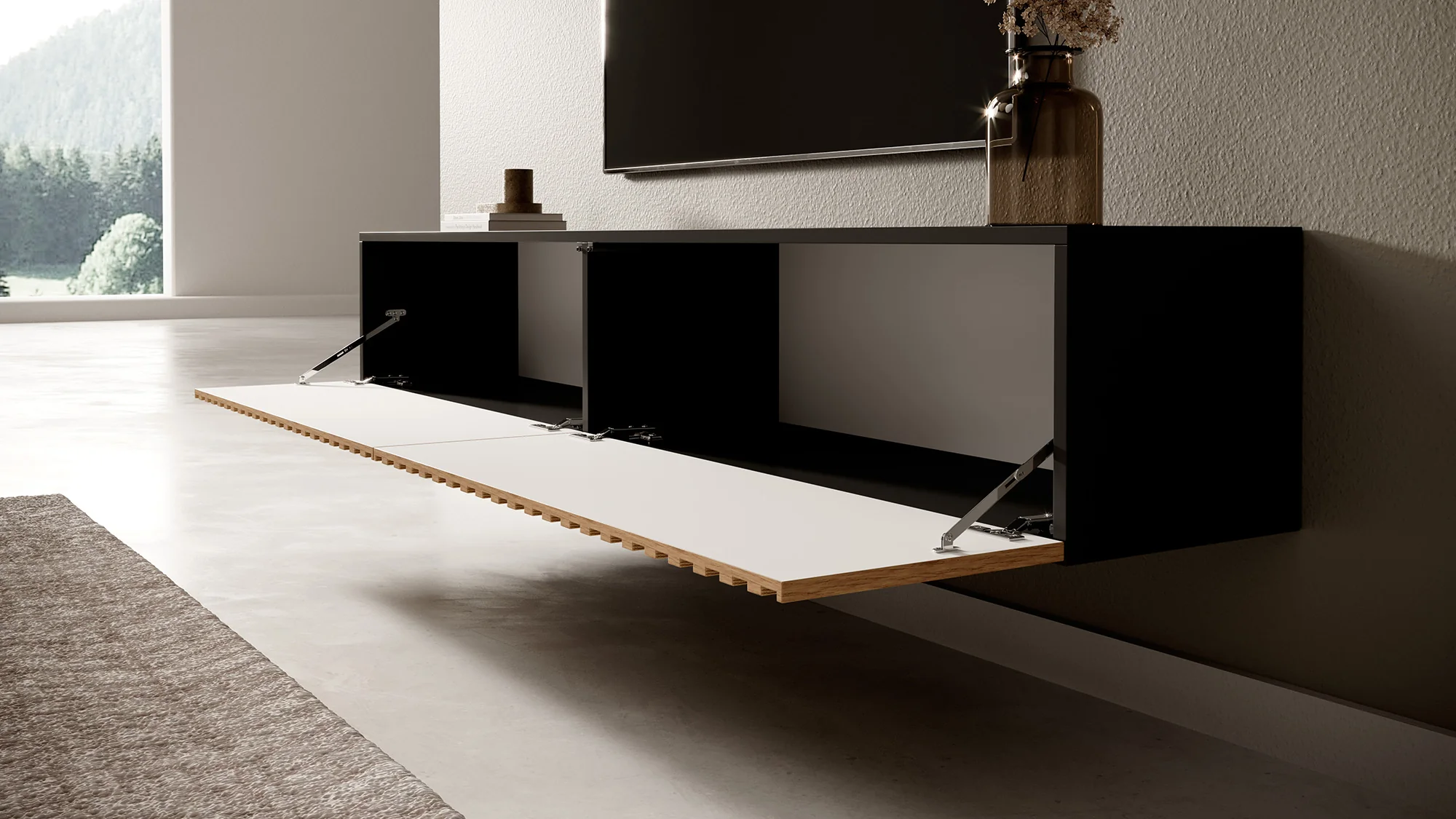 Szafka RTV Telire 175 cm czarna z lamelowym frontem dąb artisan - Image 7