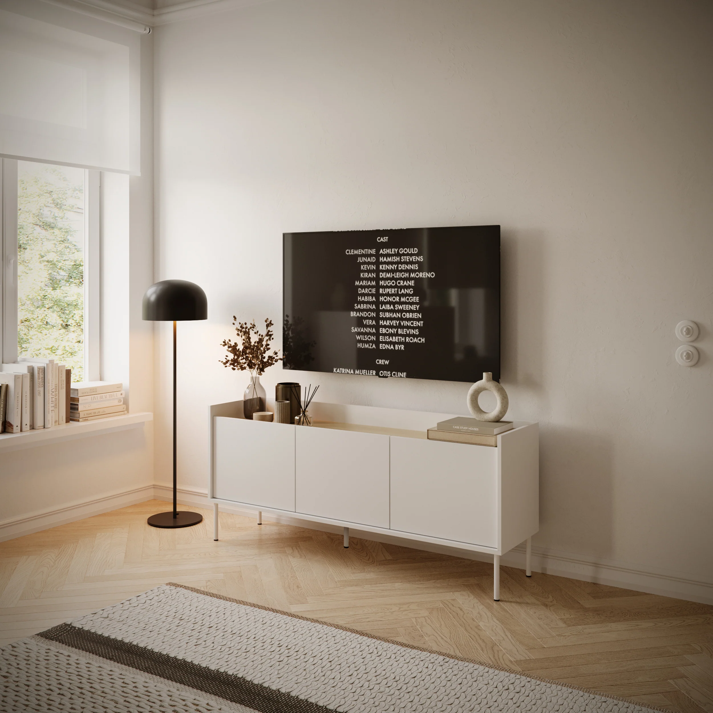 Szafka RTV Tovi trzydrzwiowa 140 cm biała/dąb lindberg - Image 2