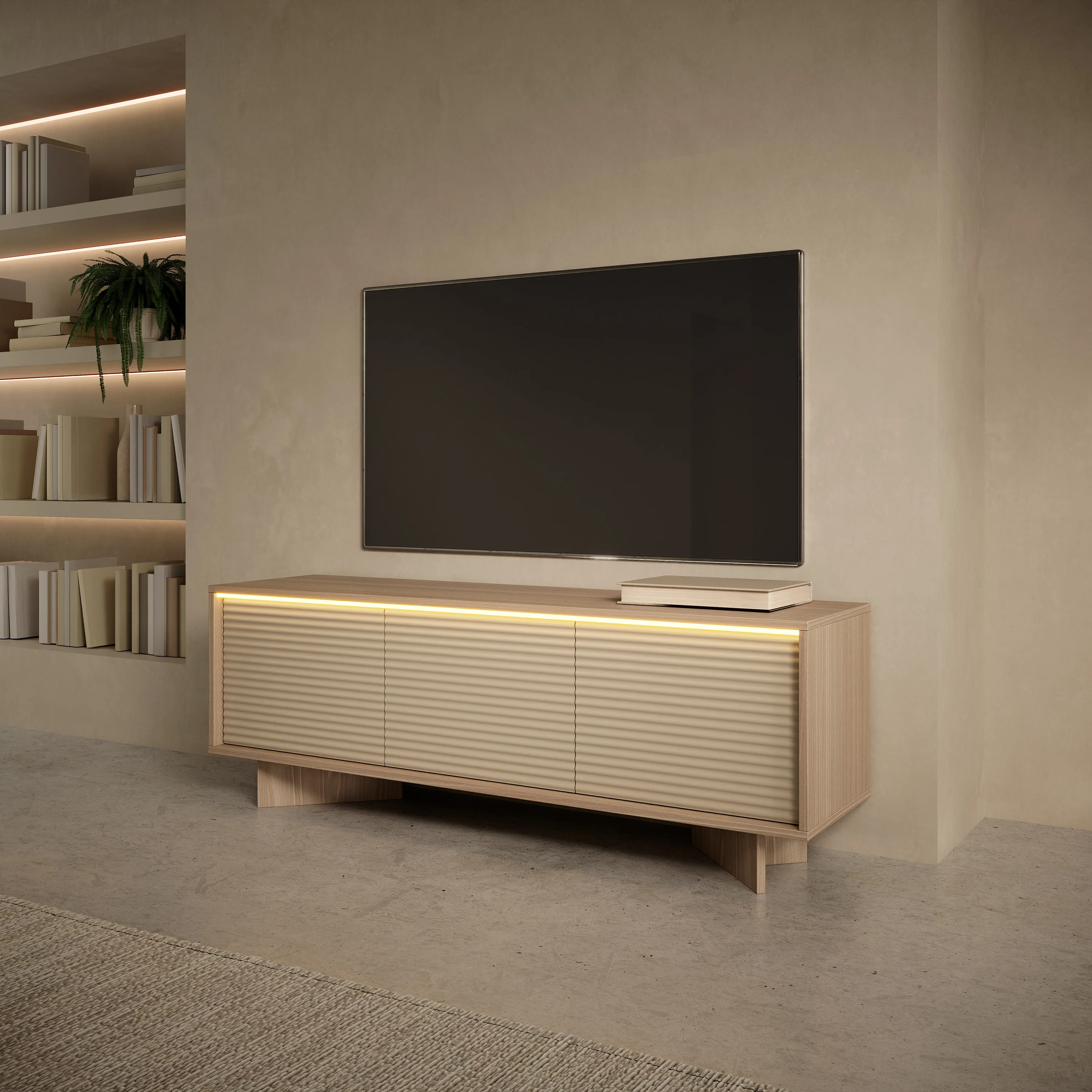 Szafka RTV trzydrzwiowa Semi z oświetleniem LED 154 cm bolivar naturalny/cappuccino - Image 2