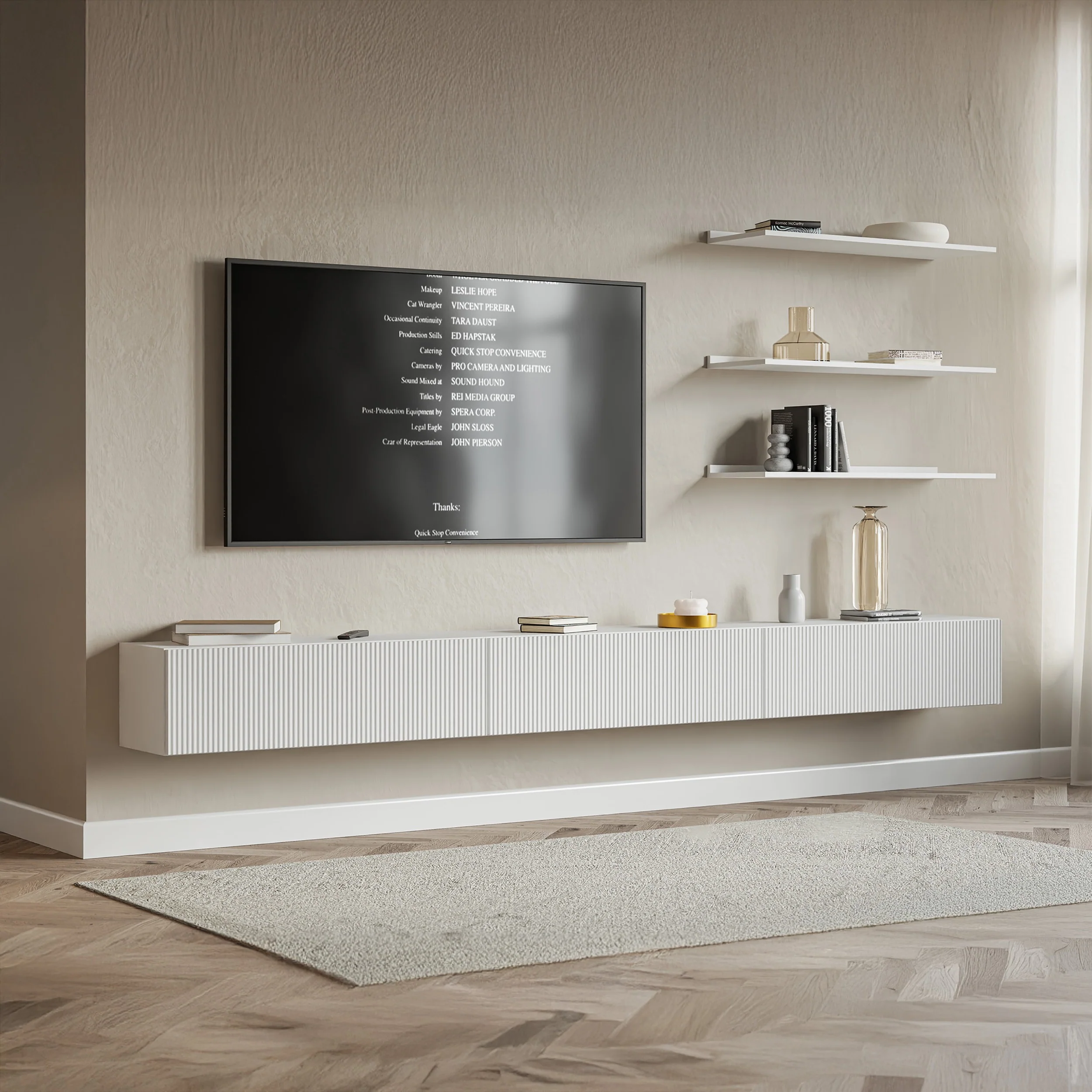 Szafka RTV trzydrzwiowa Veldio wisząca z ryflowanym frontem 300 cm biała - Image 2
