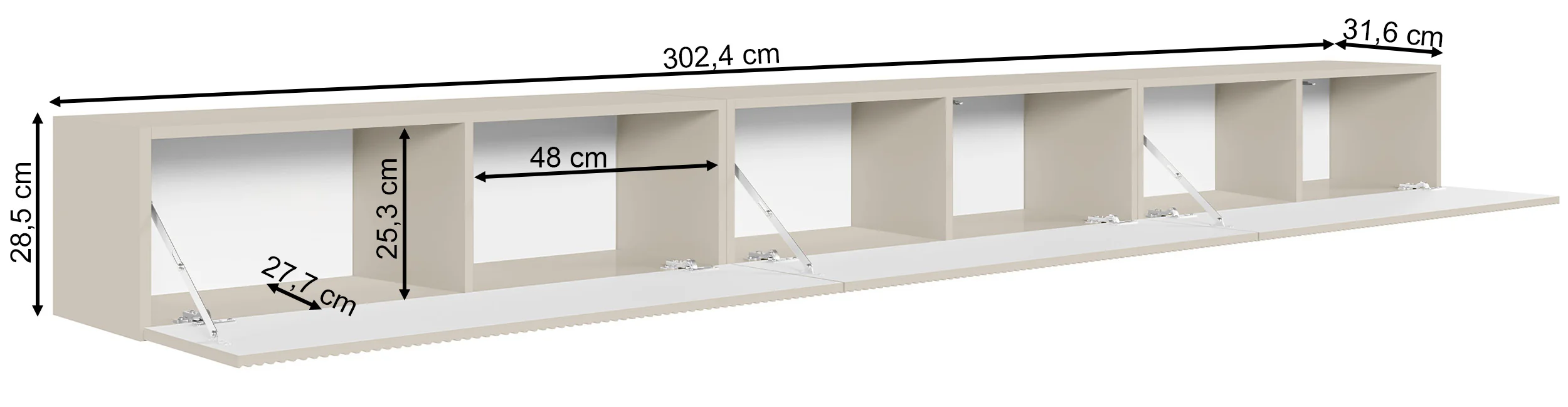 Szafka RTV trzydrzwiowa Veldio wisząca z ryflowanym frontem 300 cm szary beż - Image 7