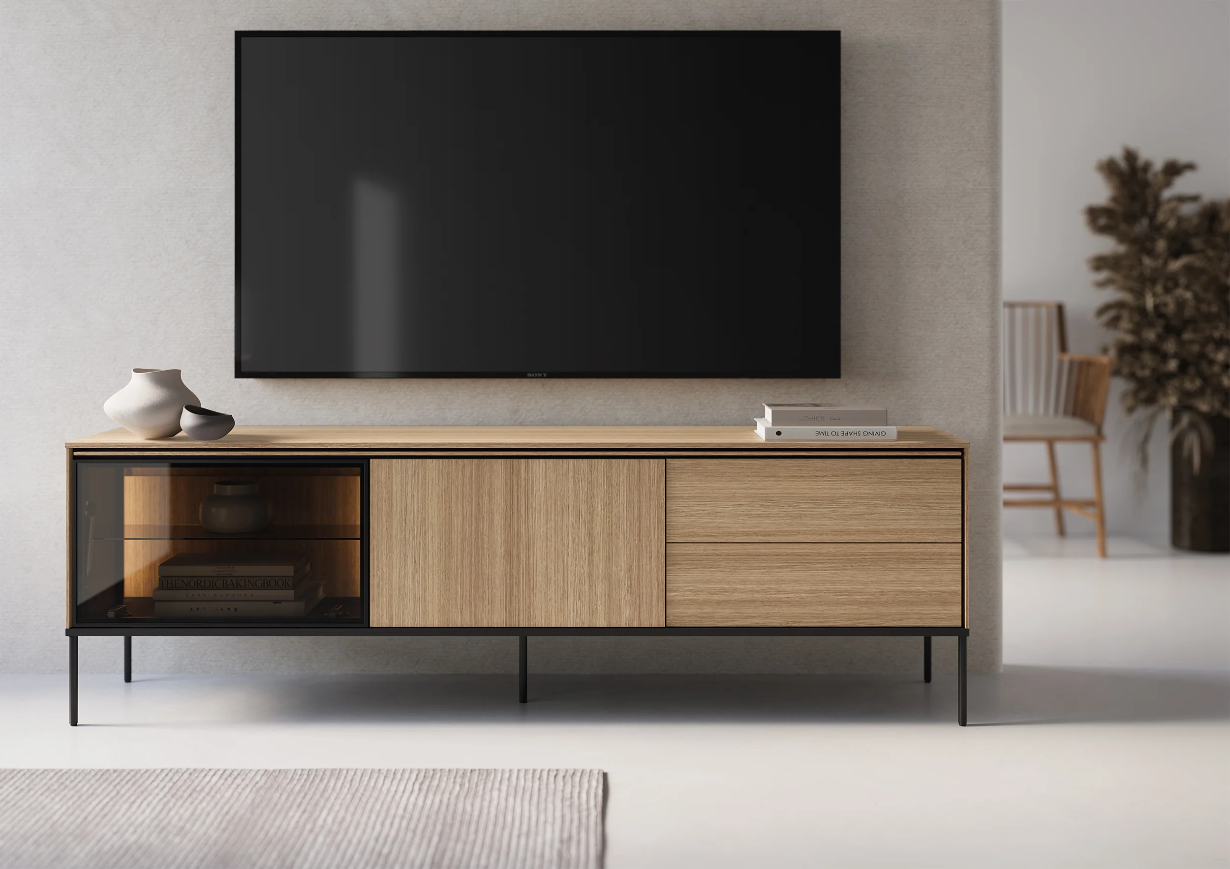 Szafka RTV Visso z witryną i oświetleniem 197 cm dąb linearny - Image 2