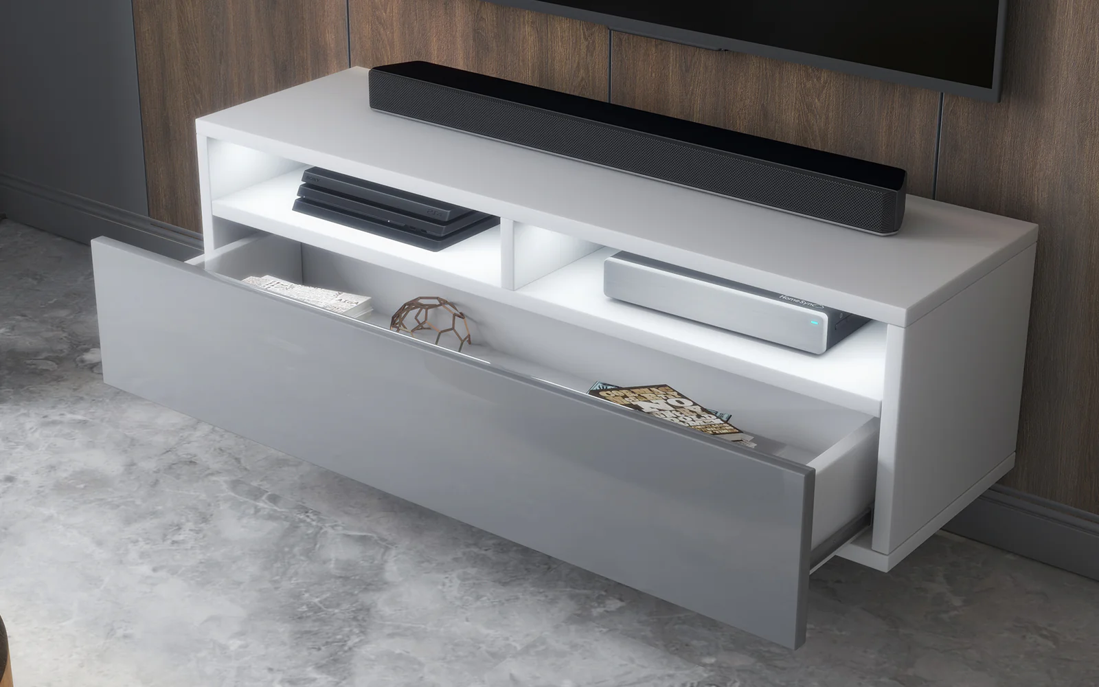Szafka RTV z szufladą Rednaw 100 cm Biały mat / Szary połysk - Image 8