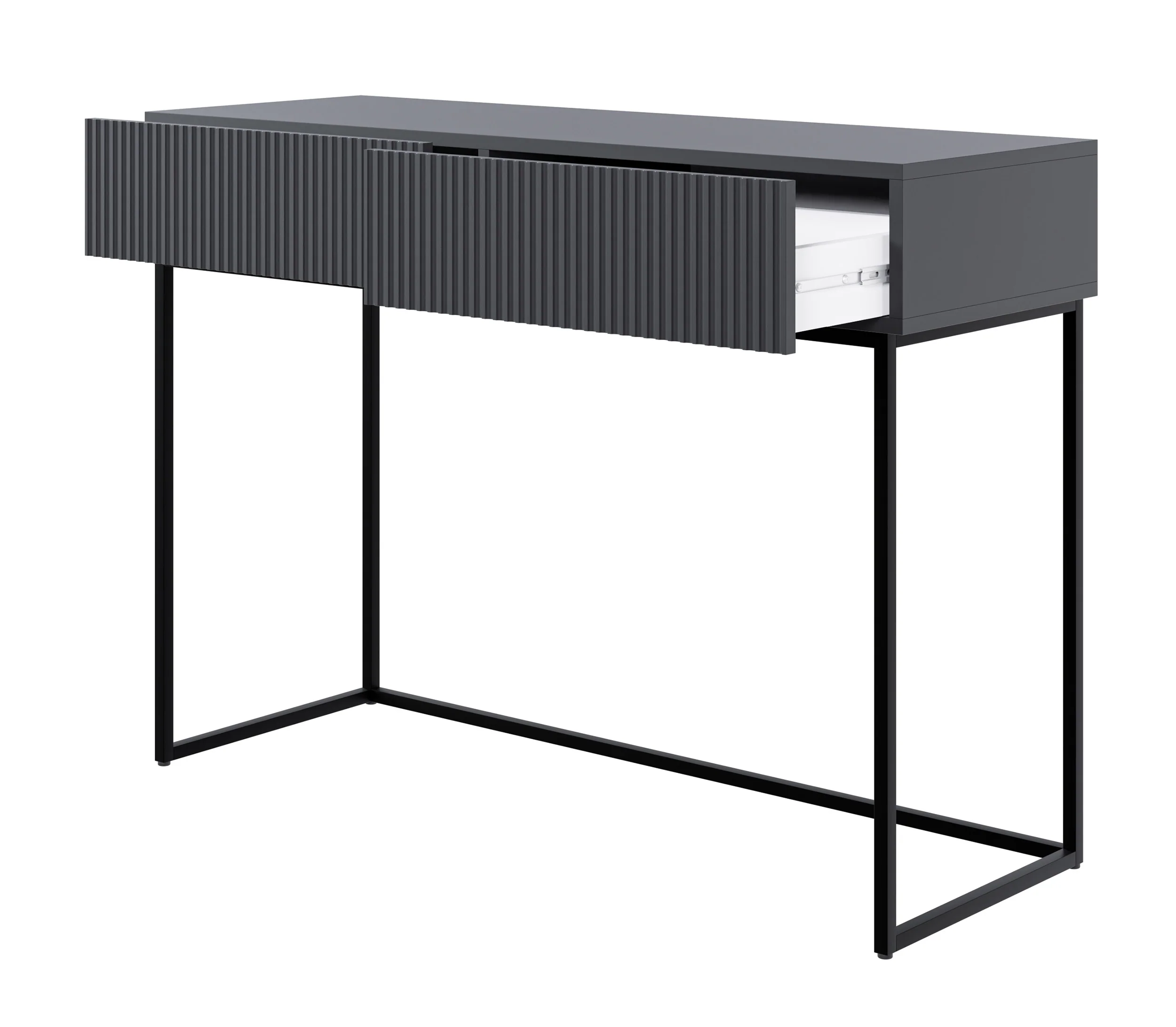 Toaletka Veldio z frezowanym frontem i dwiema szufladami 110 cm Czarna z czarnymi nogami - Image 3