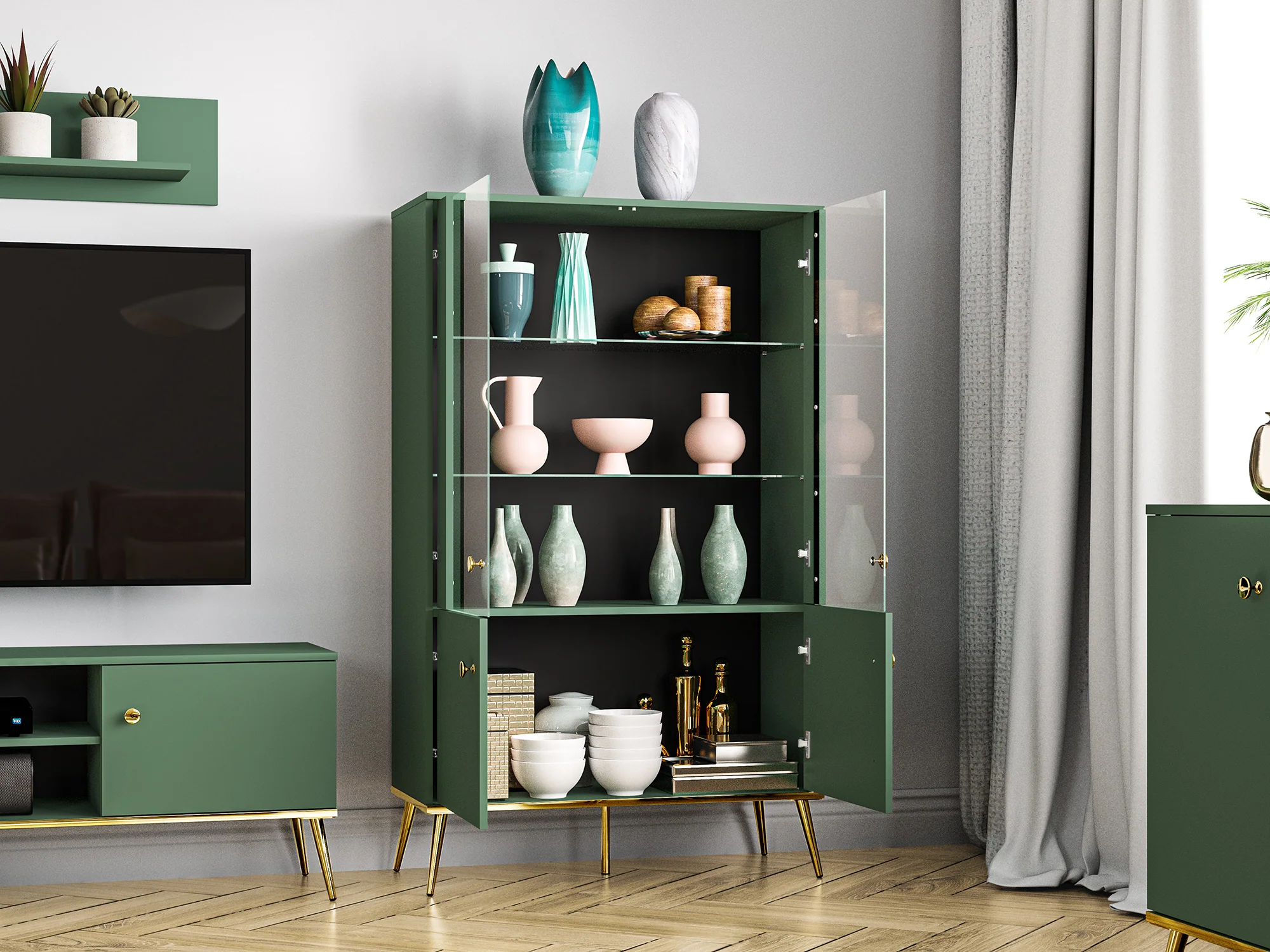 Witryna czterodrzwiowa Maturie z oświetleniem LED 92 cm Zielony - Image 5