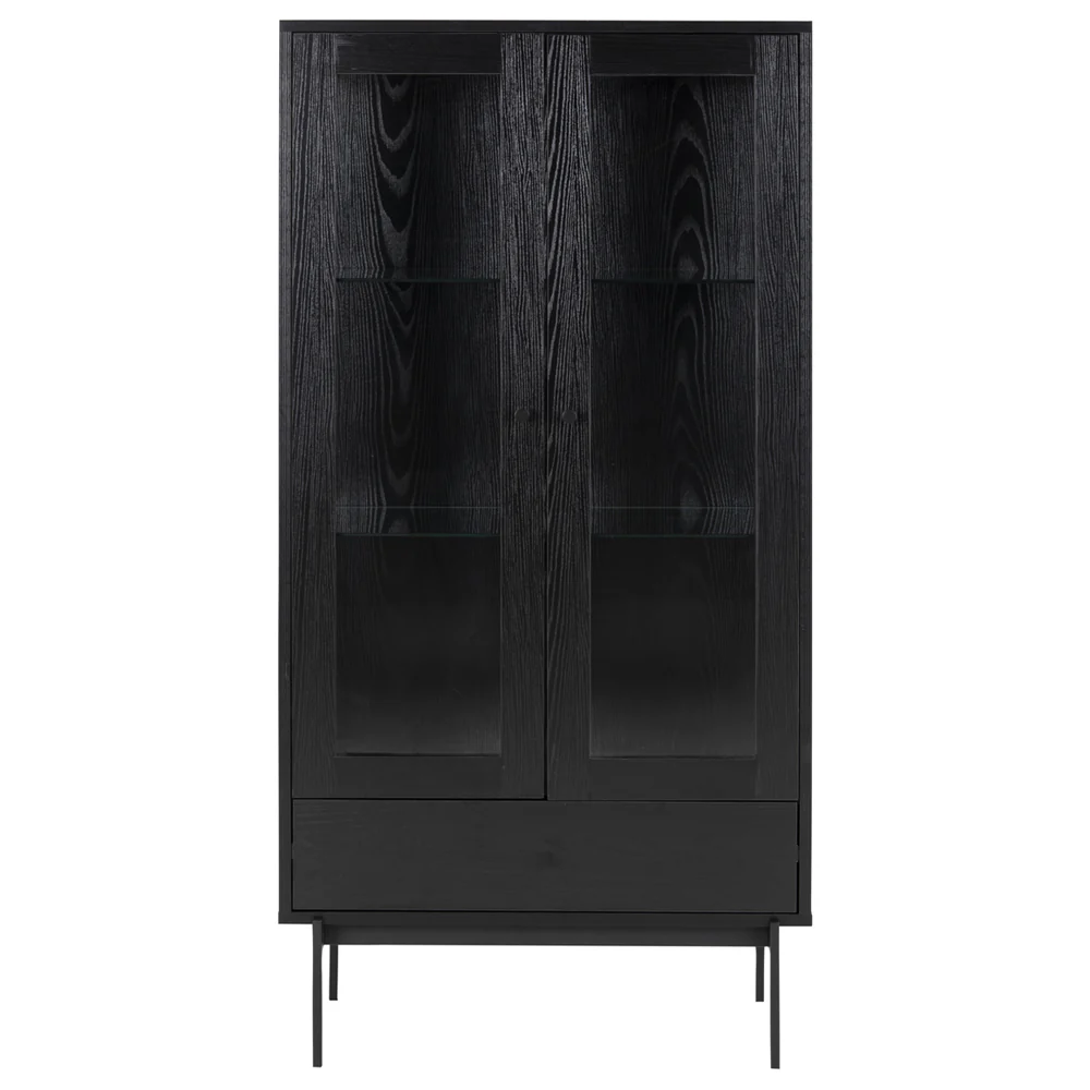 Witryna dwudrzwiowa Santov ze szklanymi półkami i szufladą czarna - Image 2