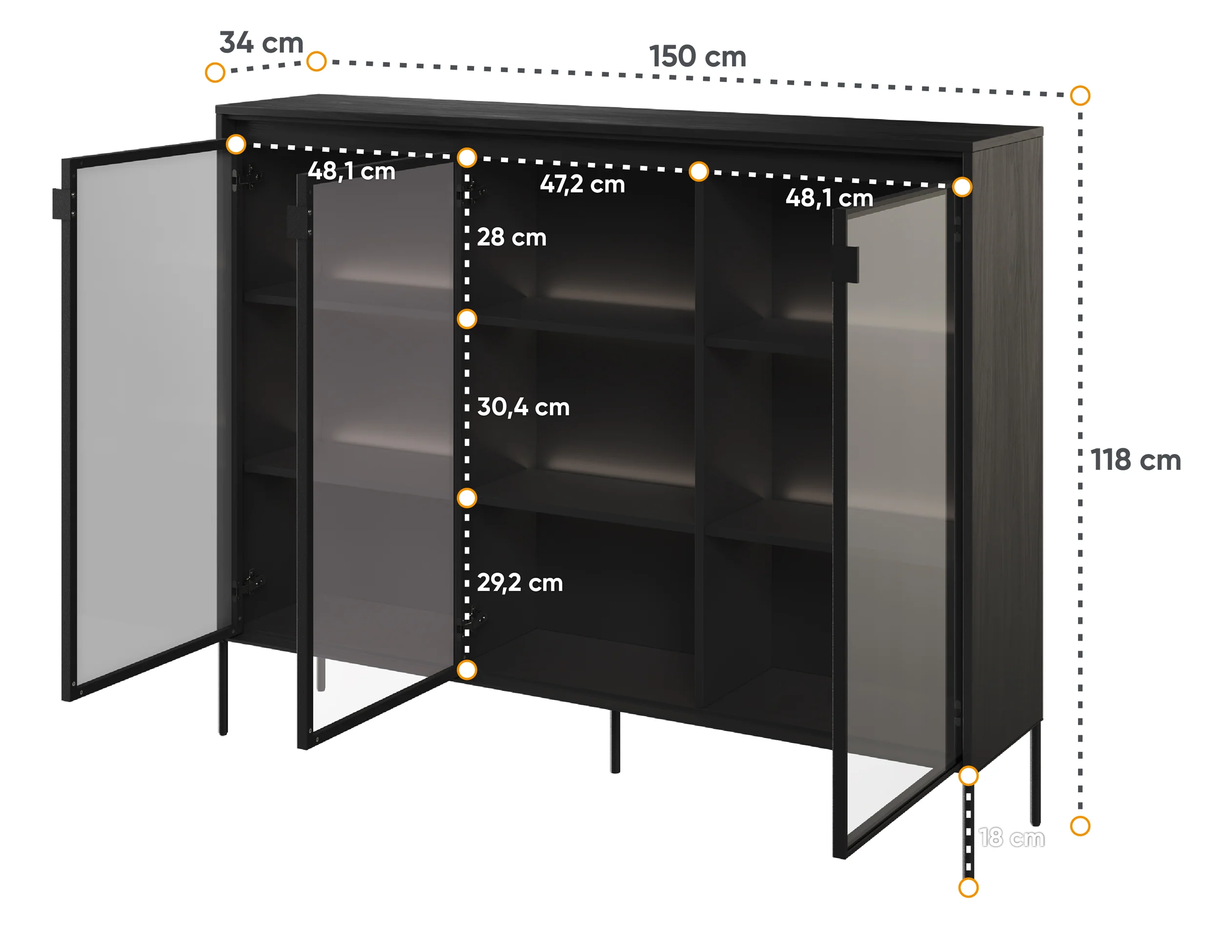Witryna trzydrzwiowa Trend 150 cm z LED Czarna - Image 4