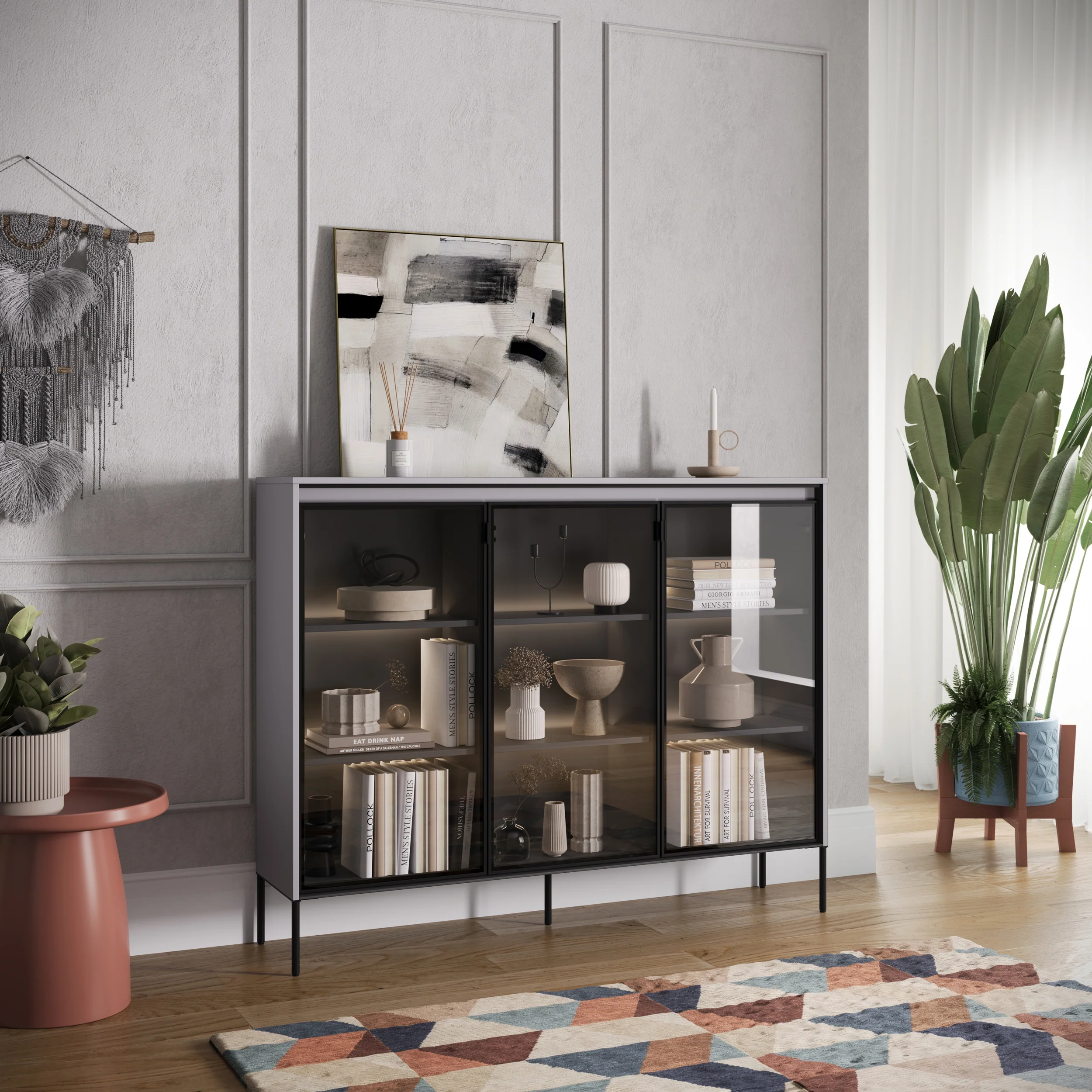 Witryna trzydrzwiowa Trend 150 cm z LED Szara - Image 2