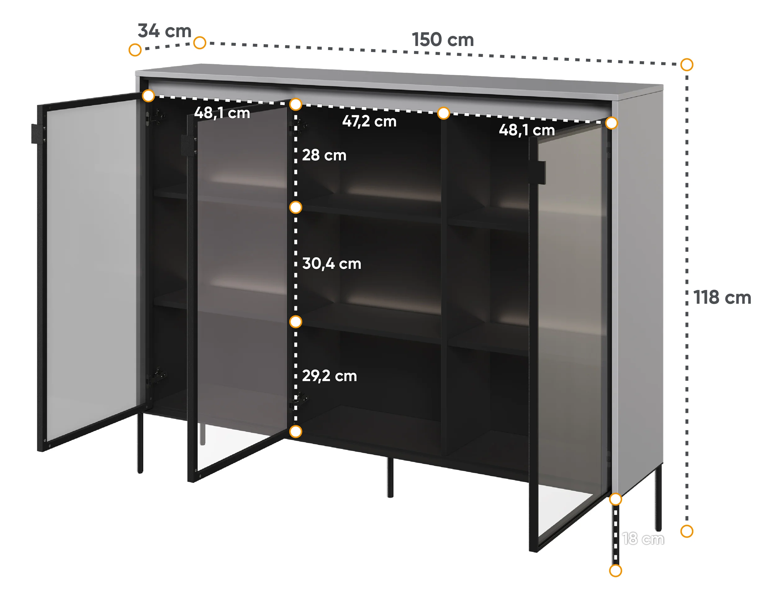 Witryna trzydrzwiowa Trend 150 cm z LED Szara - Image 4