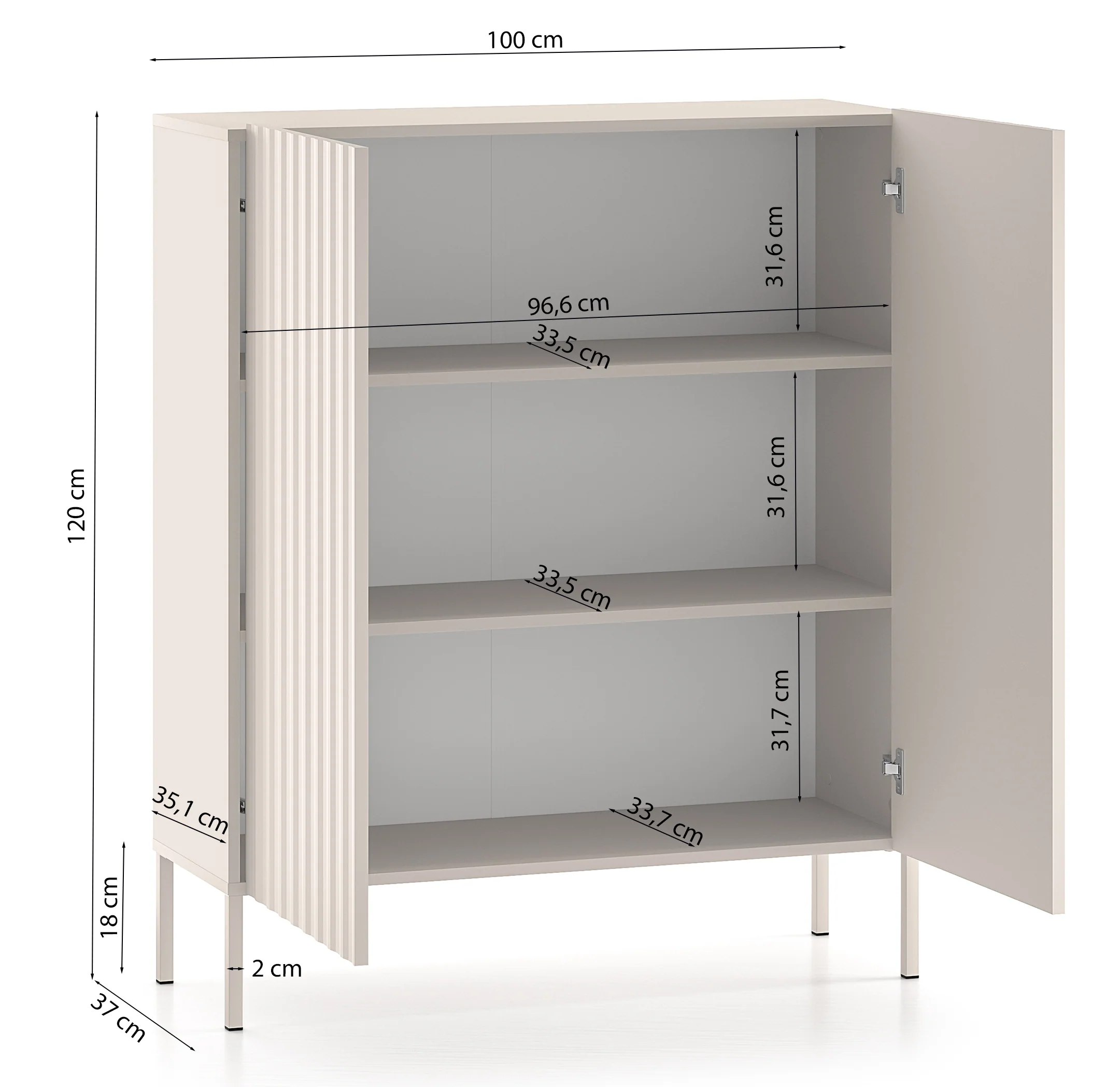 Wysoka komoda dwudrzwiowa Derriva z ryflowanymi frontami 100 cm kaszmir - Image 10
