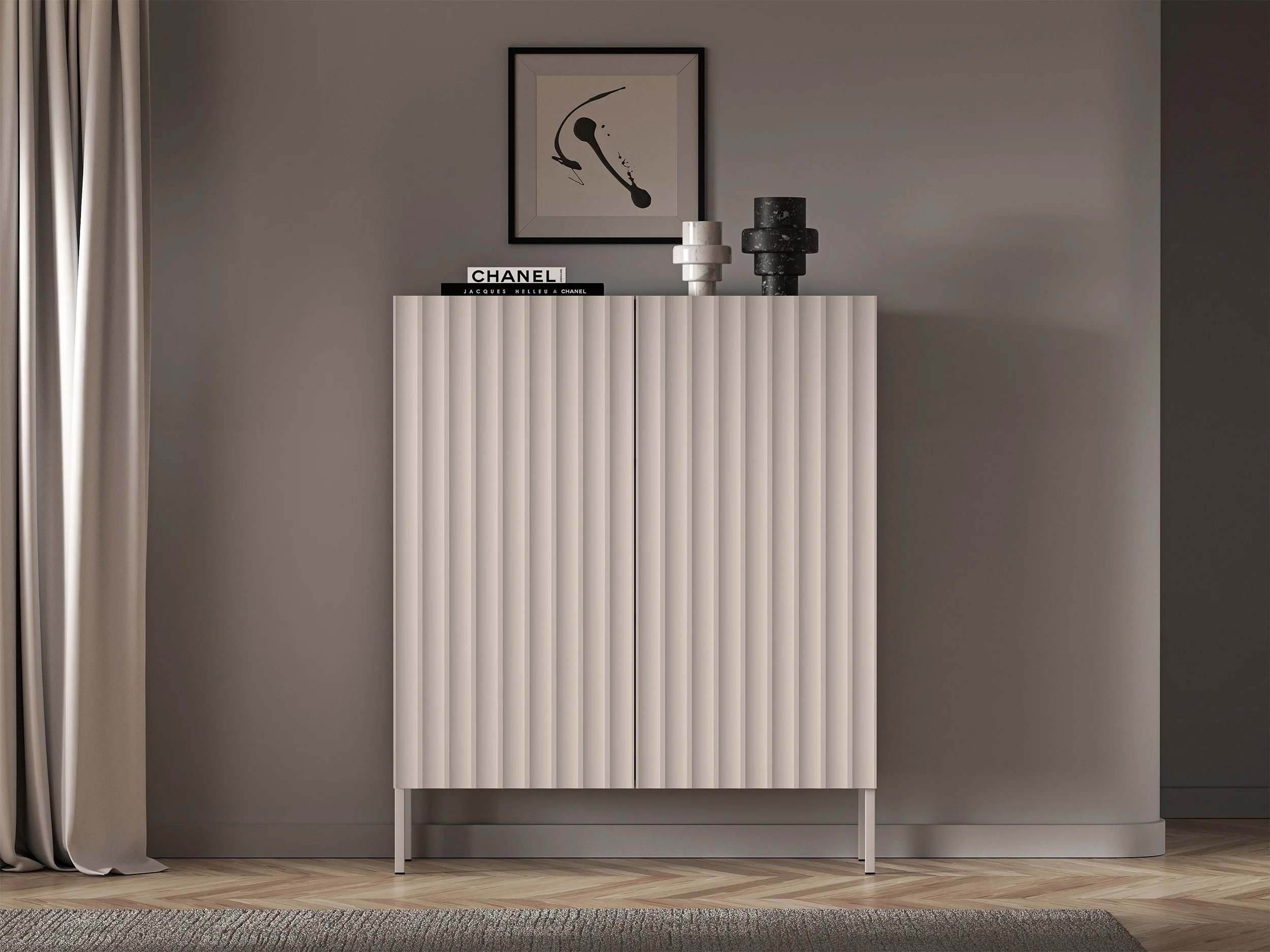 Wysoka komoda dwudrzwiowa Derriva z ryflowanymi frontami 100 cm kaszmir - Image 2