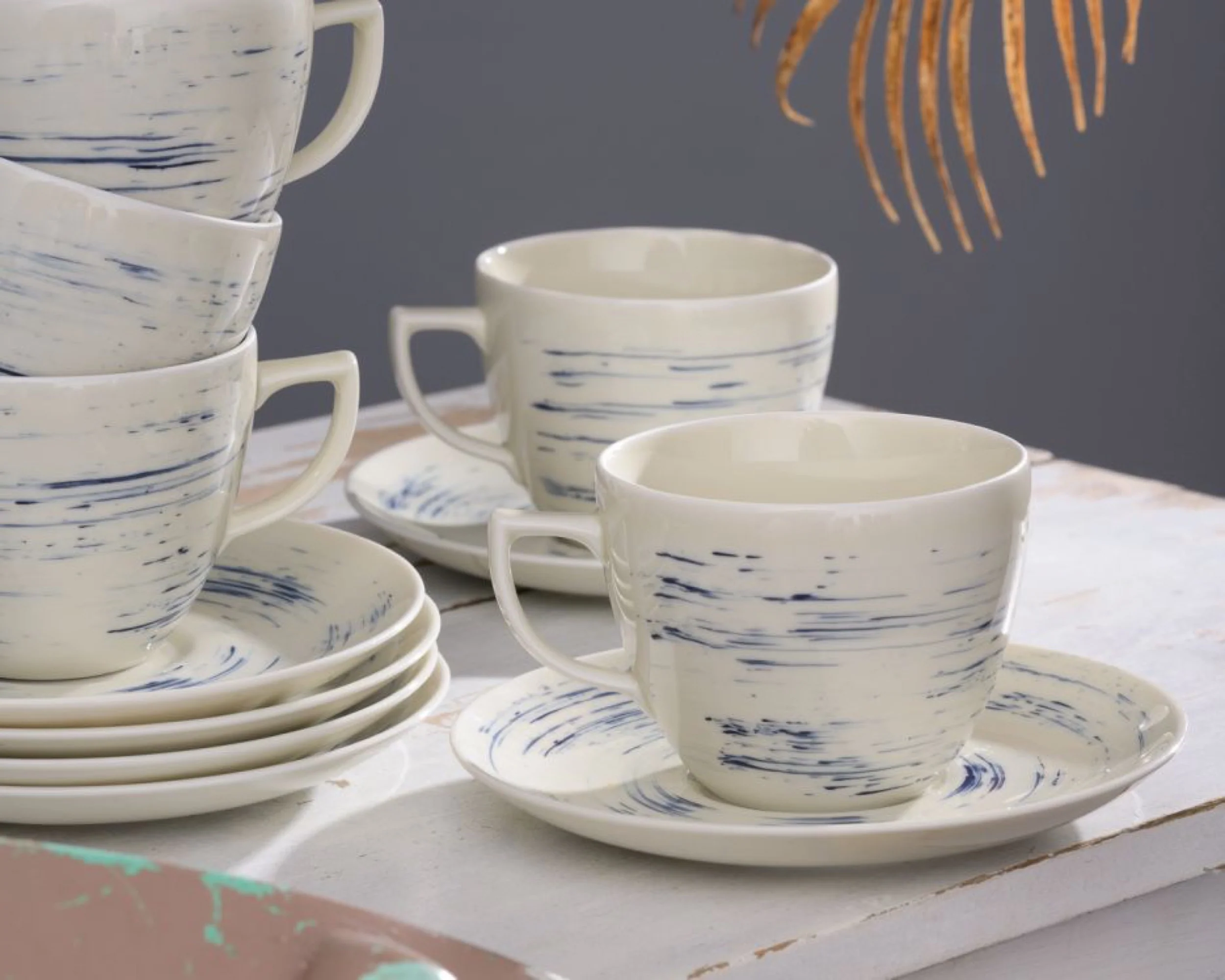 Zestaw 6 filiżanek porcelanowych City beżowo-niebieski - Image 2