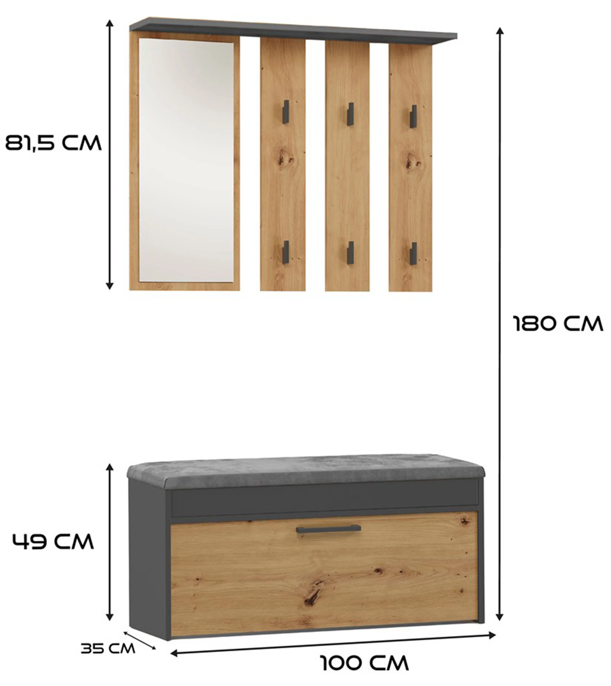 Zestaw do przedpokoju Parmani z siedziskiem i lustrem 100 cm dąb artisan / antracyt - Image 5
