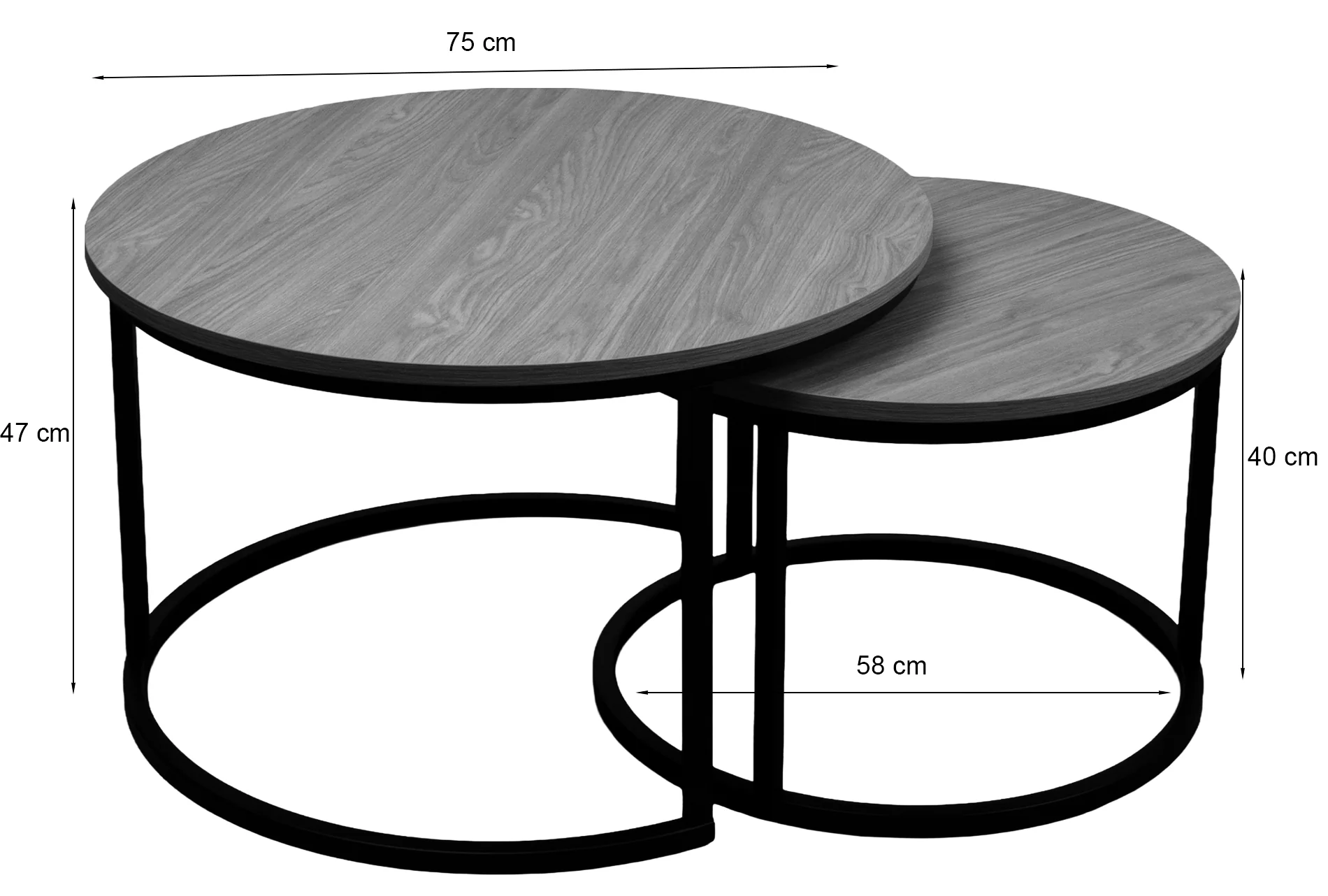 Zestaw dwóch stolików kawowych Complle okrągłe 75 i 58 cm dąb wotan/czarne - Image 3