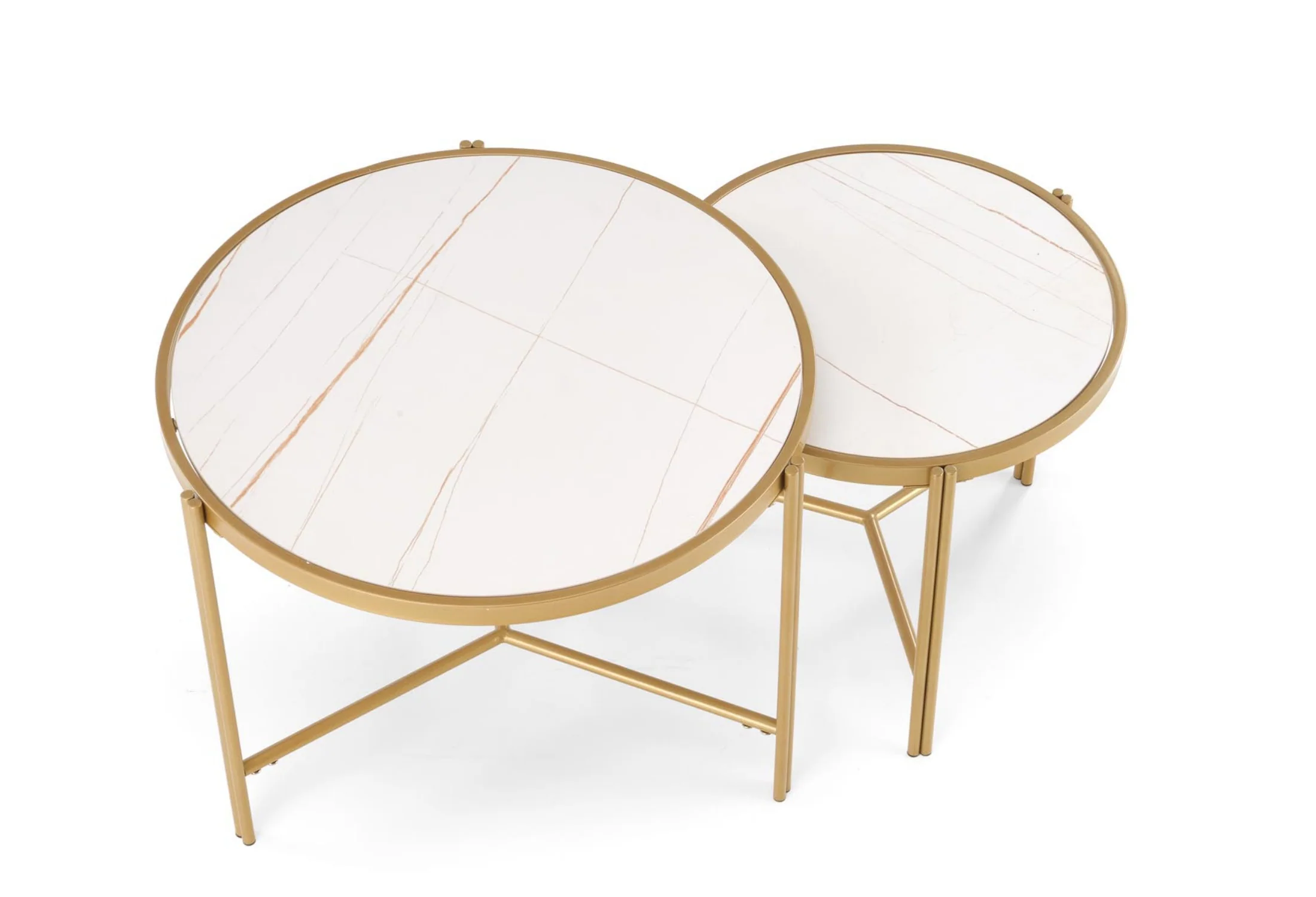 Zestaw dwóch stolików kawowych Hesivene z okrągłymi blatami 63 cm i 48 cm biały marmur/ złoty - Image 2