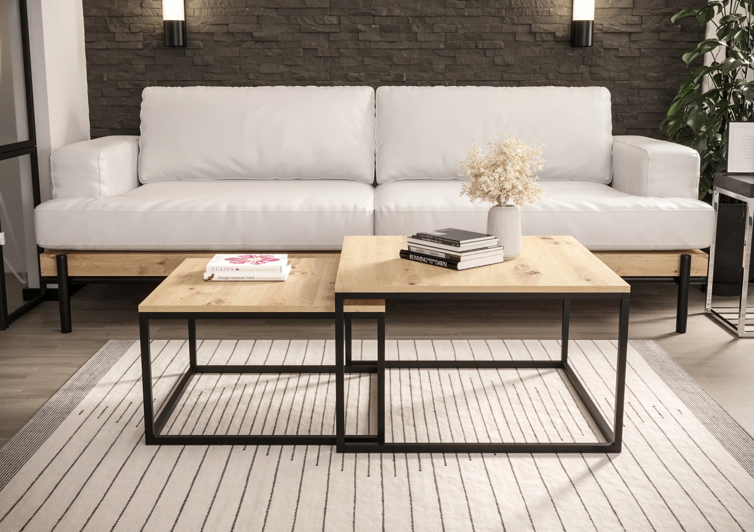 Zestaw dwóch stolików kawowych Sabello kwadratowe 70 cm i 60 cm Dąb artisan - Image 2
