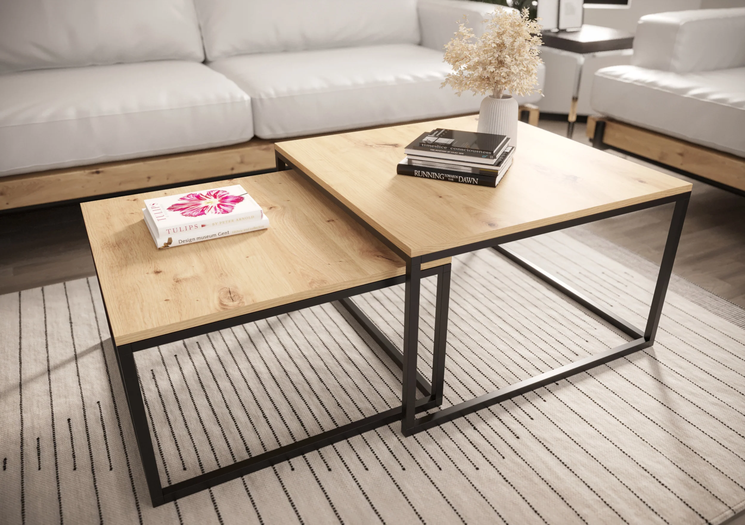 Zestaw dwóch stolików kawowych Sabello kwadratowe 70 cm i 60 cm Dąb artisan - Image 3