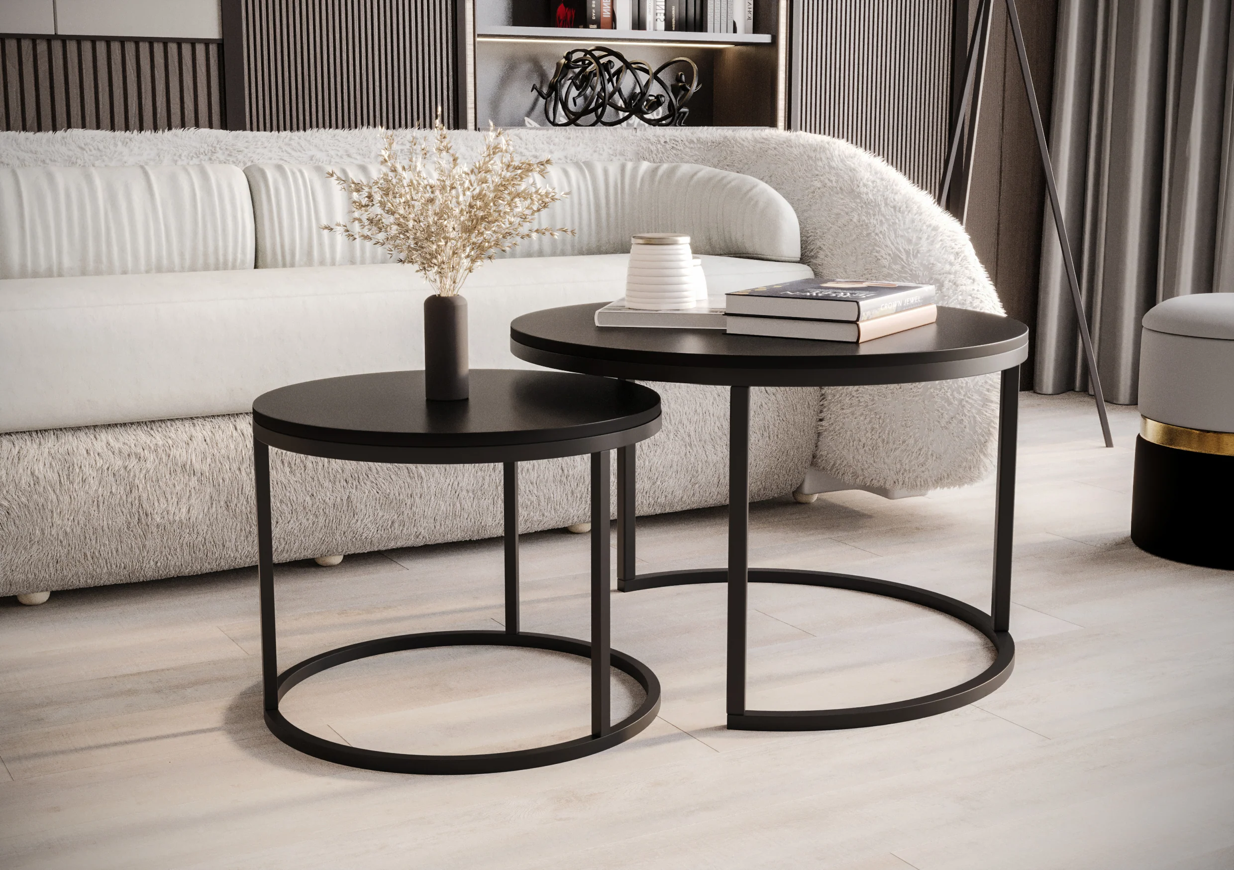 Zestaw dwóch stolików kawowych Sabello okrągłe 70 i 50 cm czarny mat - Image 2