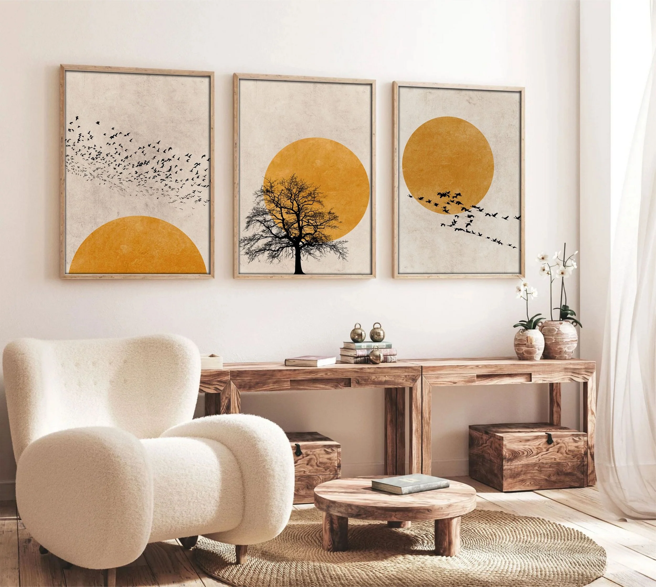 Zestaw trzech obrazów Bodenass 50x70 cm słońce z czarnymi akcentami - Image 2