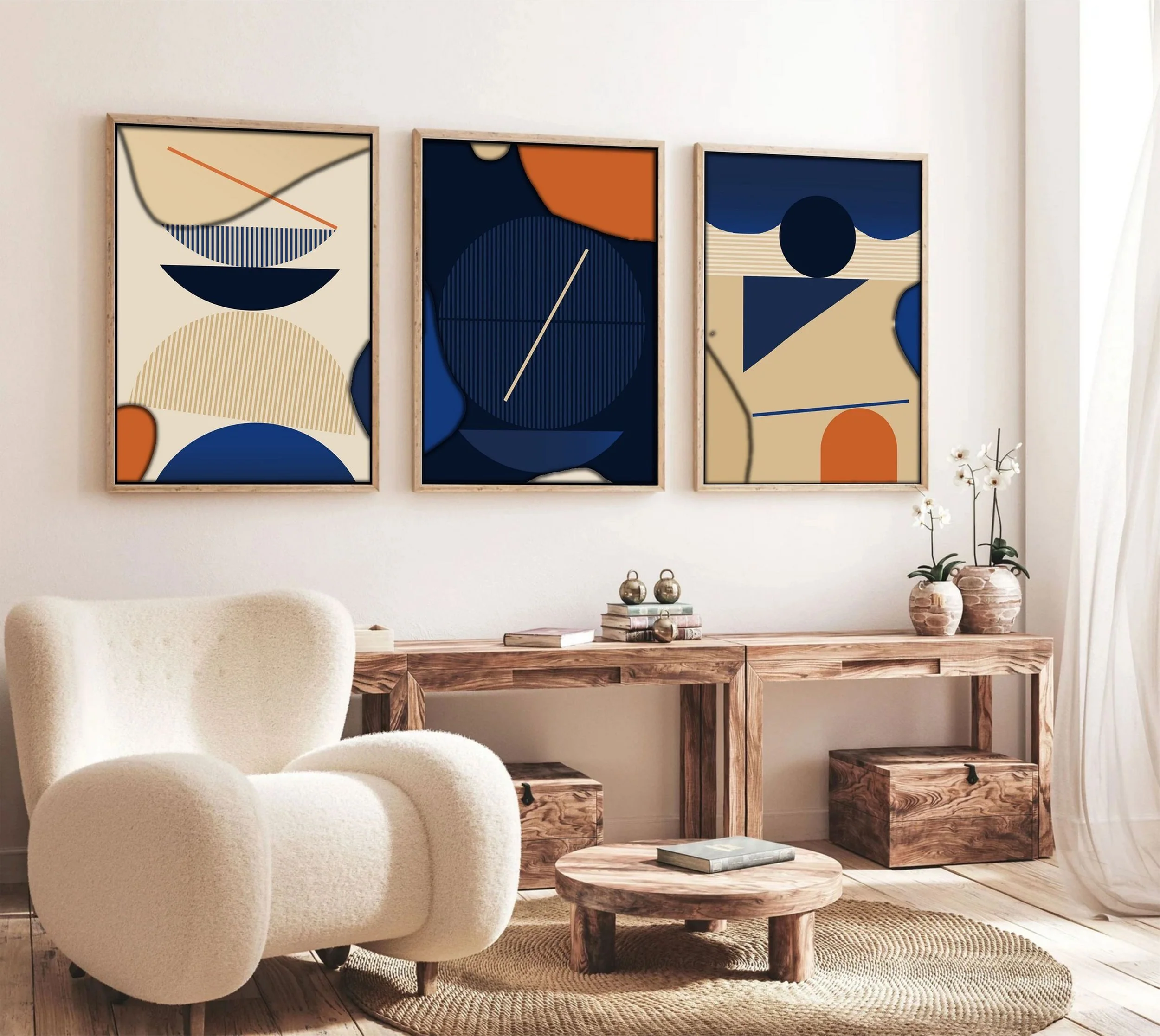 Zestaw trzech obrazów Bodenass 70x50 cm granatowo-beżowe - Image 3